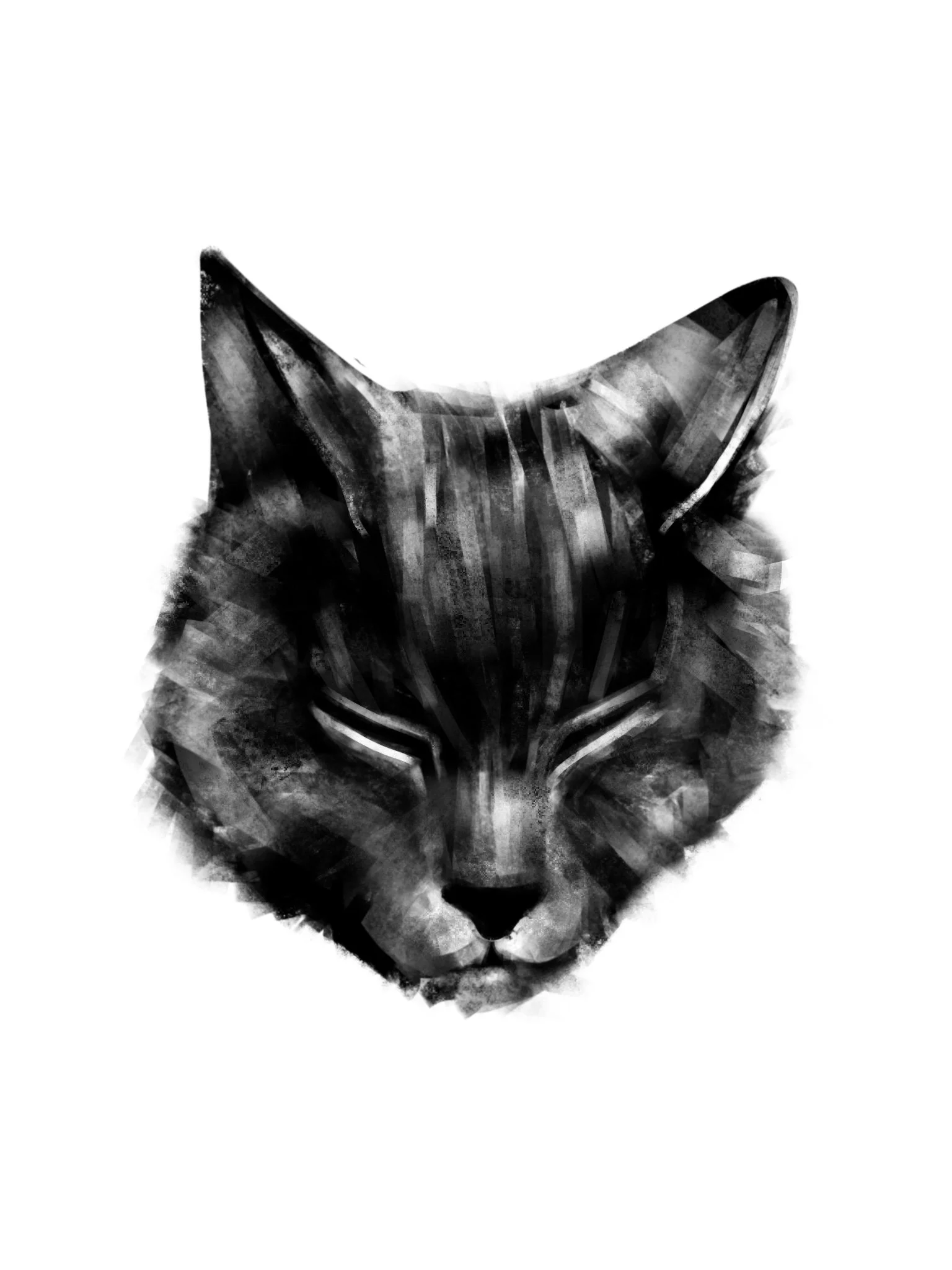 Black and white watercolor-style portrait of a feline's face, resembling a wolf or cat with pointed ears, intense eyes, and a sleek nose. By Nicole Vanner.