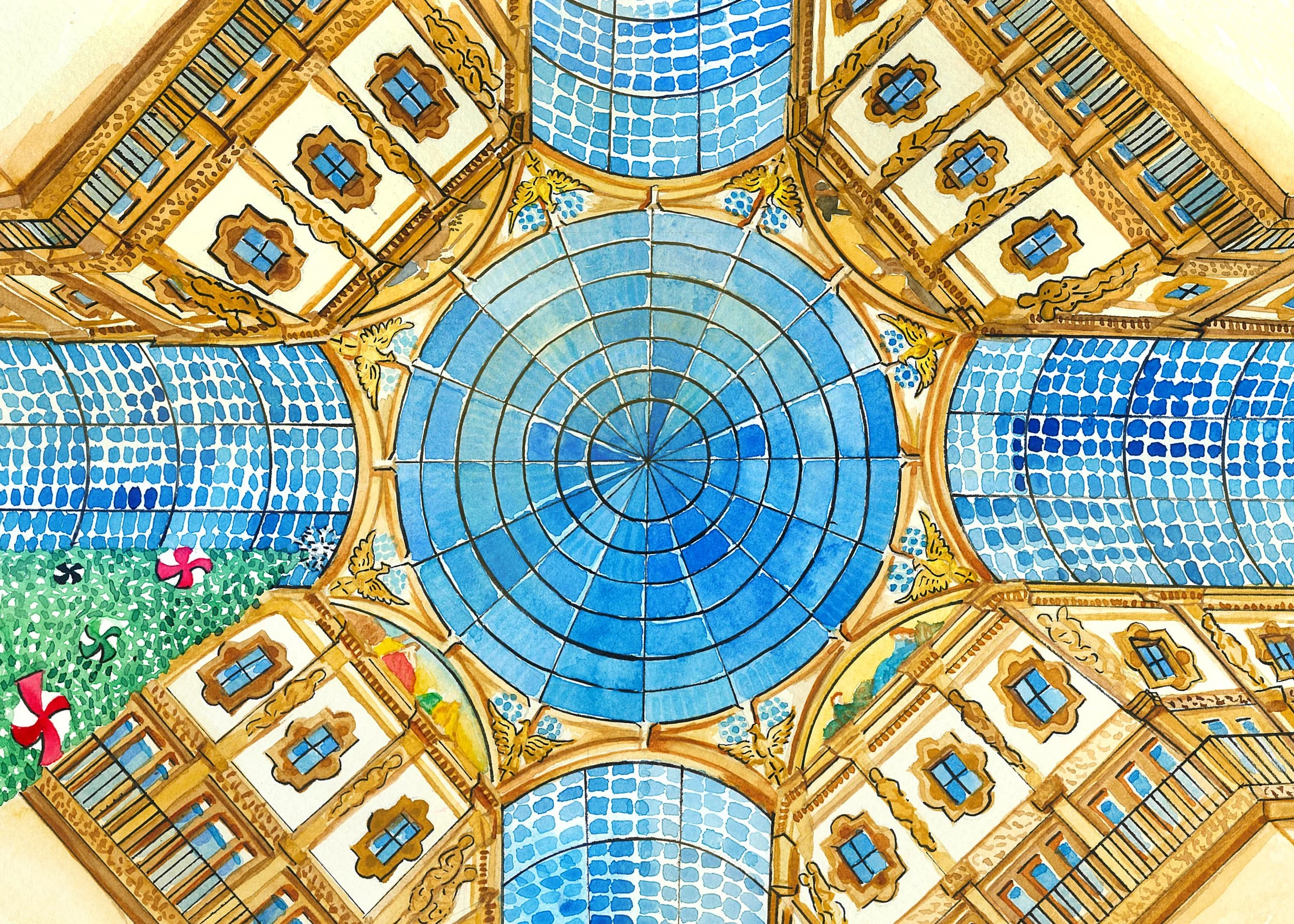 Watercolor illustration of the ceiling of a historic building with a central circular skylight, surrounding on four sides by glass windows, ornate golden architectural details, and decorative elements like flowers and windmill blades. By Nicole Vanne