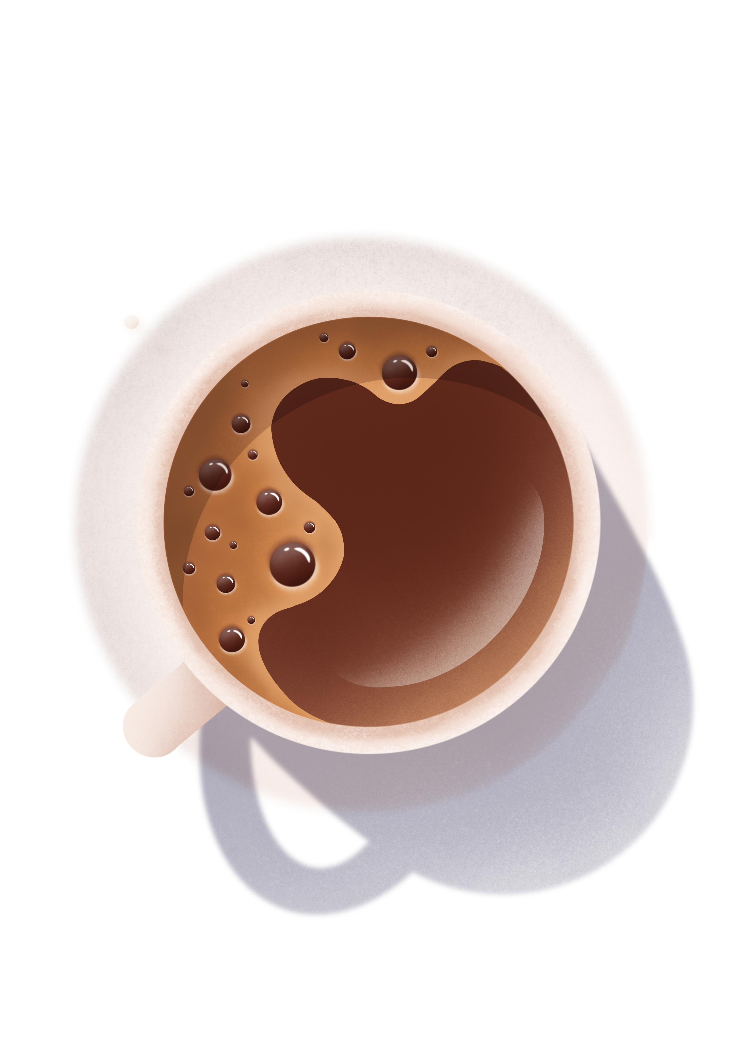 Top-down view of a white coffee mug filled with black coffee, on a gray surface. By Nicole Vanner.