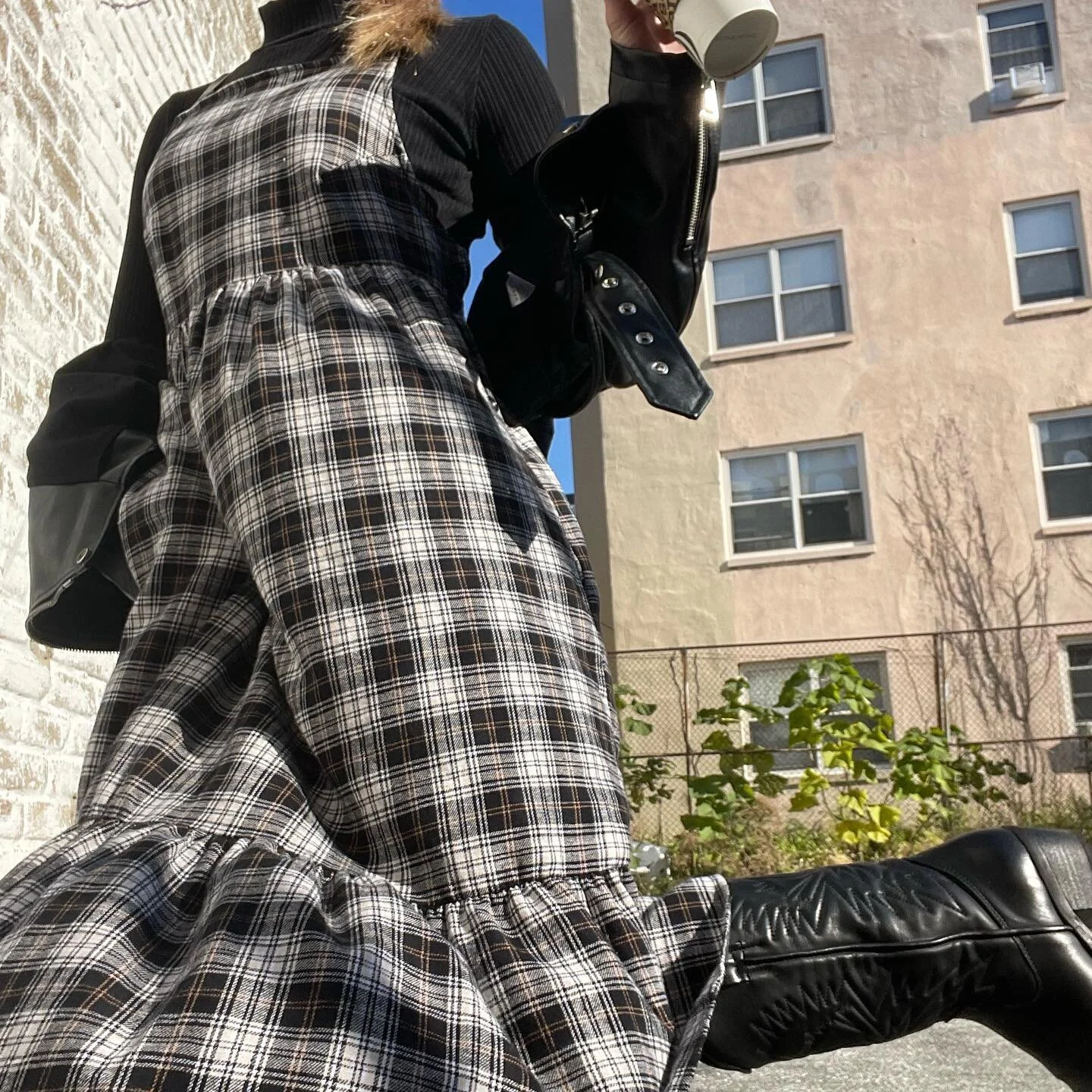 @alex
1. @brandymelvilleusa Daniela Cotton Turtleneck
2. @urbanoutfitters Flannel Apron Dress
3. @stevemadden Hayward Black Leather Boots
4. Jacket @saks