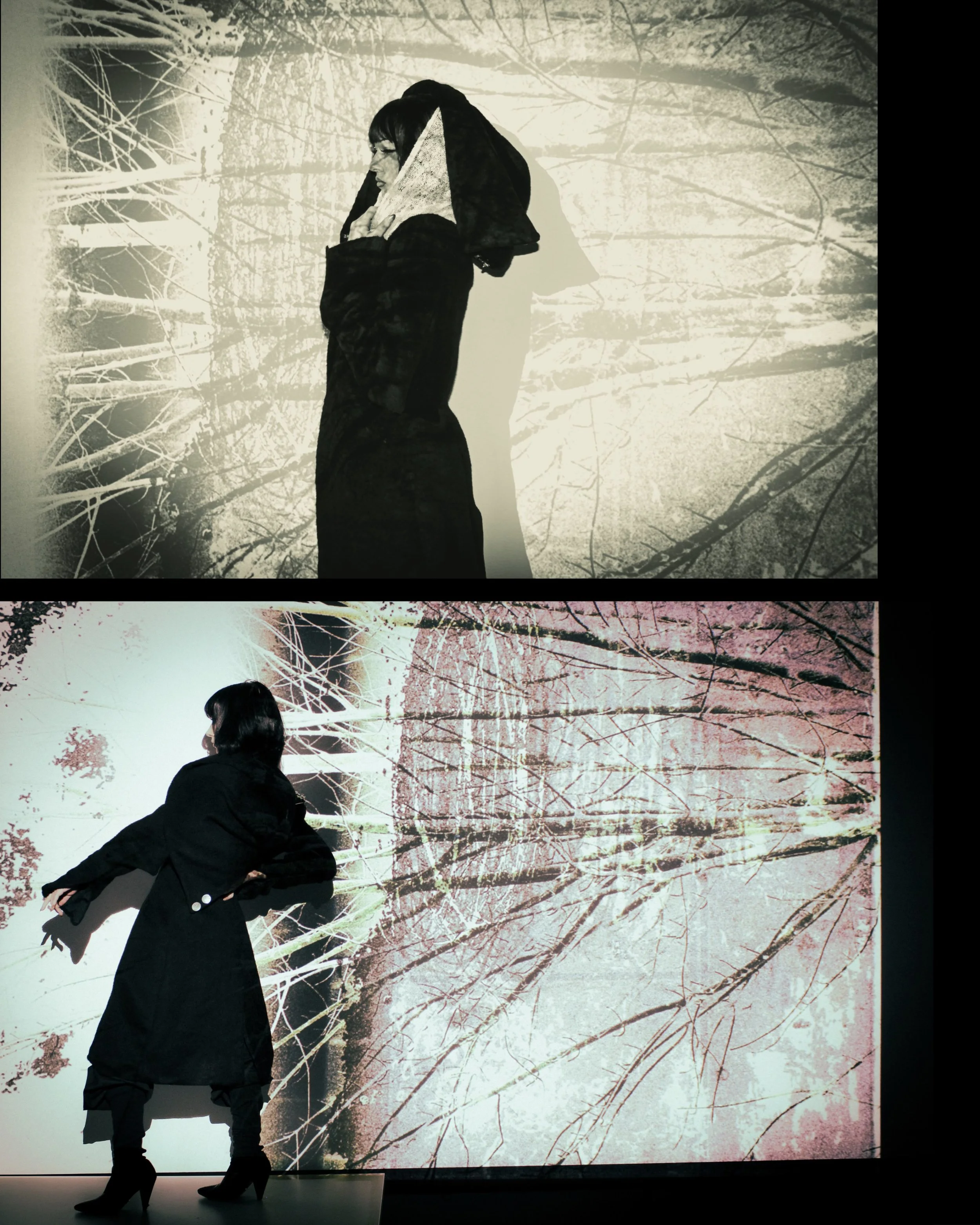 Two editorial photos show a person modeling a handmade black alpaca-wool coat in front of large projected images of tree branches.