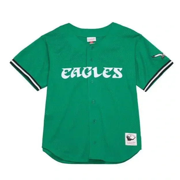  Green Philadelphia Eagles button-up baseball-style jersey with white “EAGLES” lettering across the chest and black-and-white striped sleeve trim.&nbsp; 