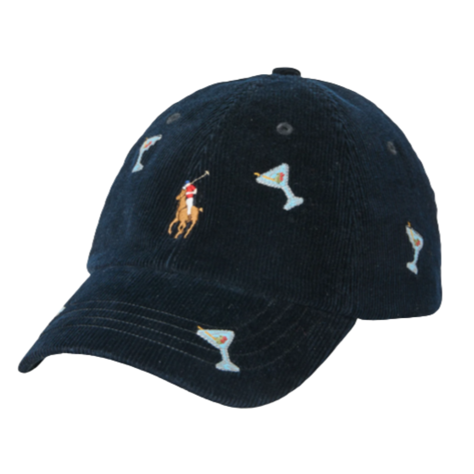  Black corduroy baseball cap embroidered with small cocktail glasses and a Polo Ralph Lauren logo.&nbsp; 