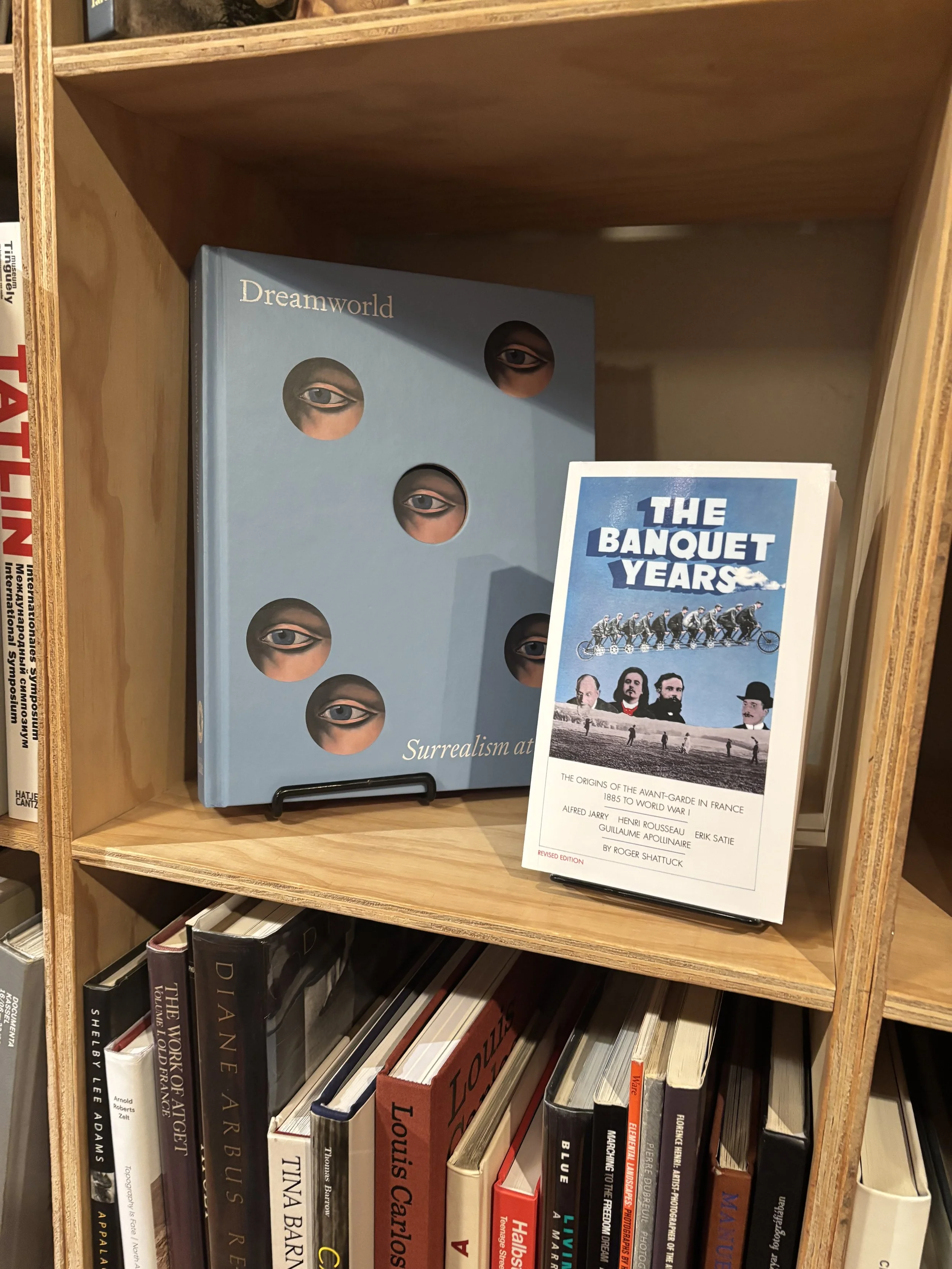 Close-up of art and photography books displayed on a Brickbat Books shelf 