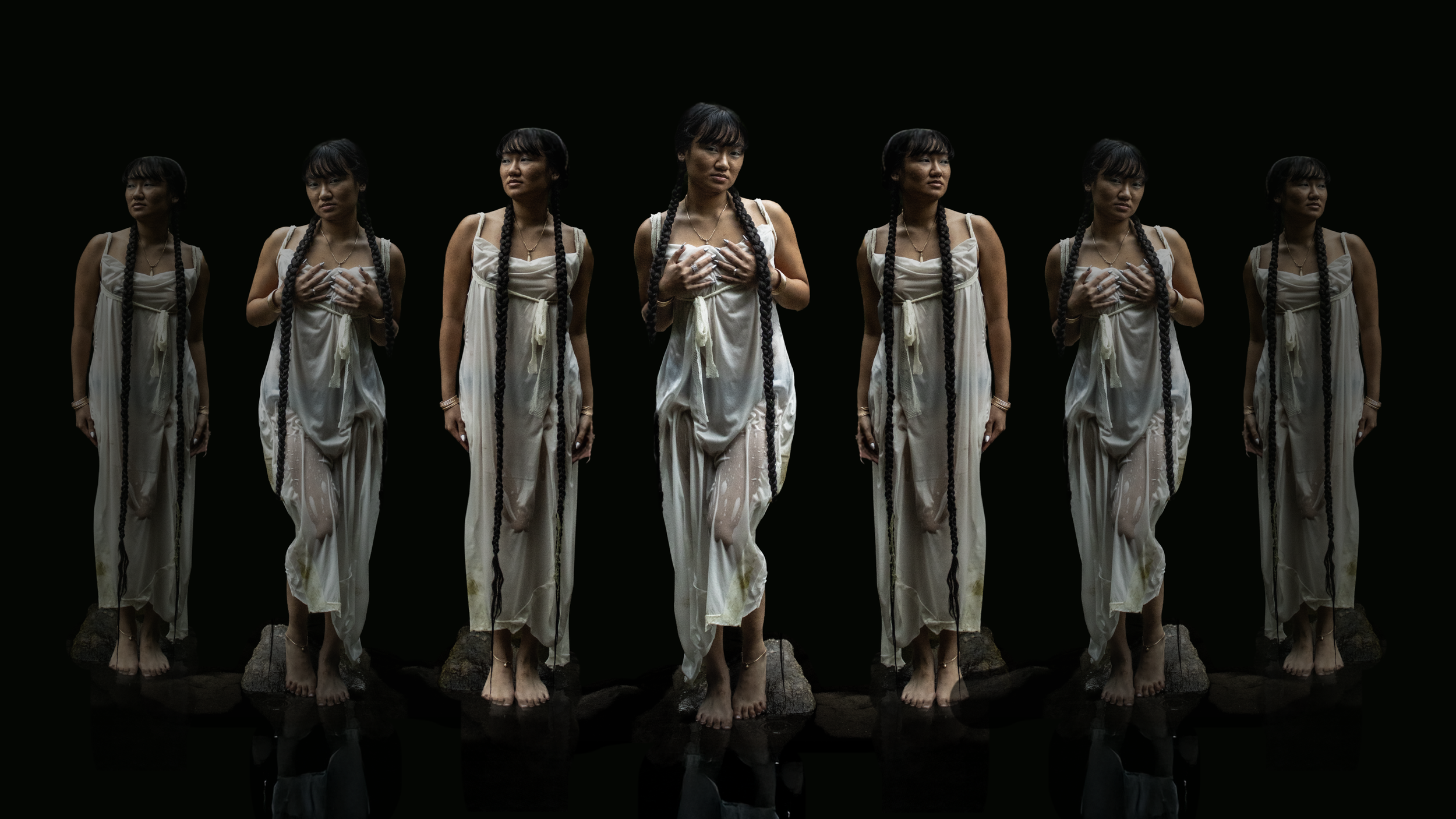 Model wearing wet silk dress standing in statue pose multiple forms - Somaesthetics Emma Detwiler Photographer