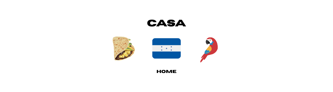 Banner titled "Casa" (Home) featuring a Honduran baleada, the Honduras flag, and a colorful scarlet macaw.