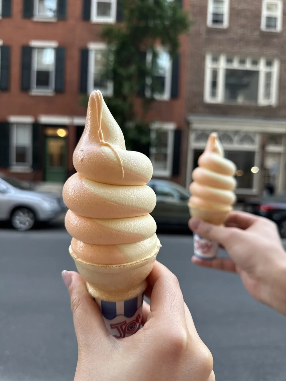 A close-up of a handheld 1-900 artisanal ice cream treat. The dessert features a scoop of creamy white ice cream sandwiched between two light-colored cookies or wafers