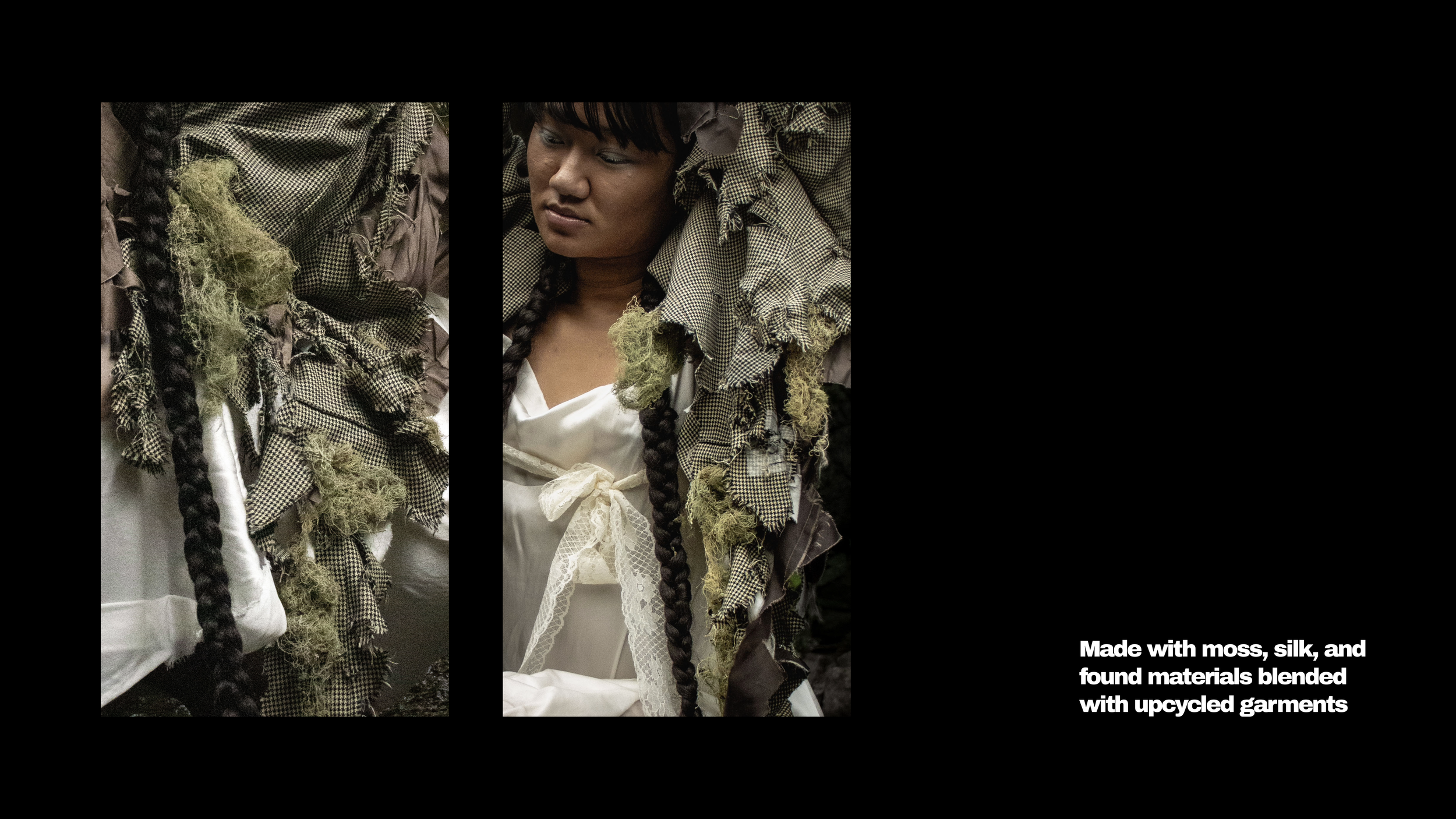 Model wearing moss and silk garments, somaesthetic design, Emma Detwiler Photographer