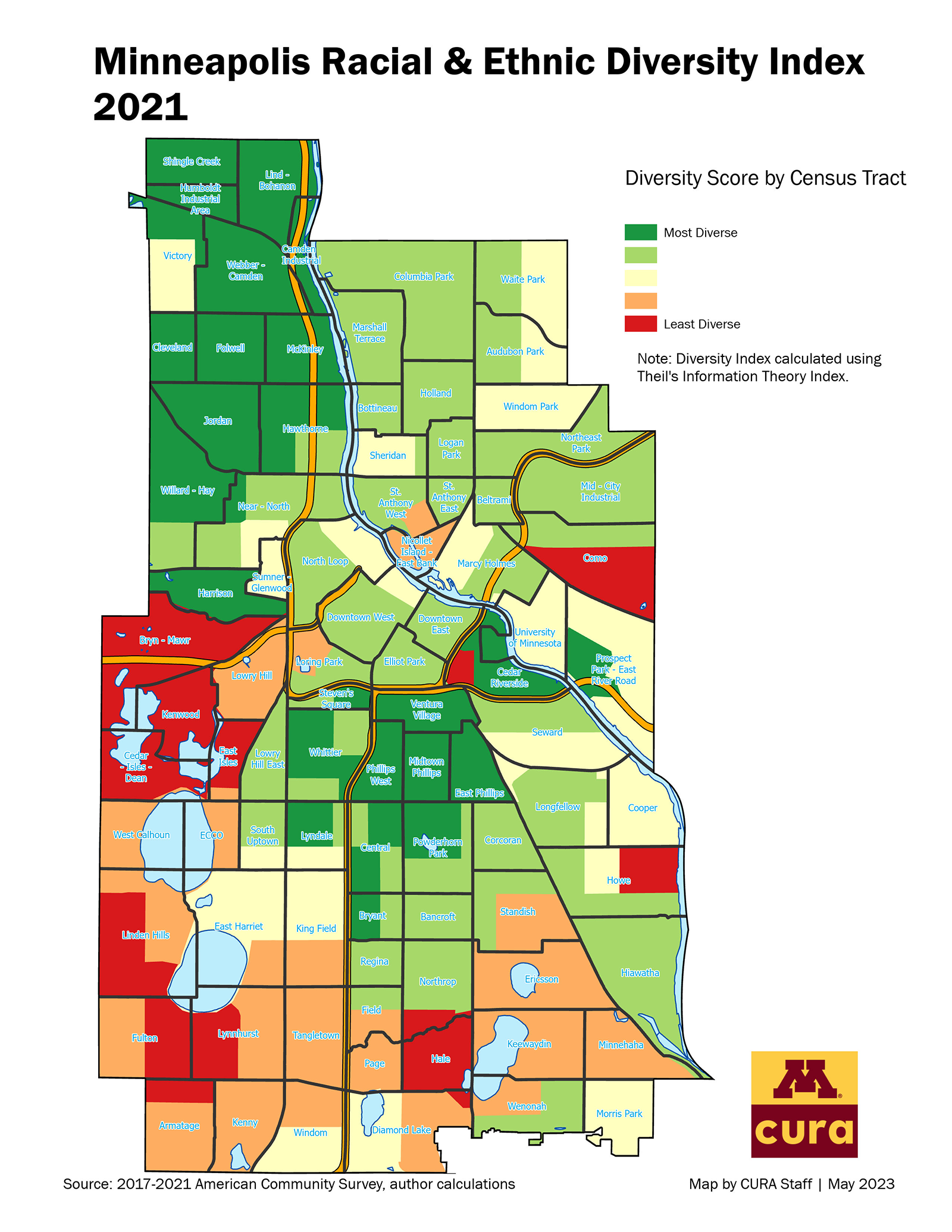 University of Minnesota Center for Urban & Regional Affairs, "Minneapolis Racial & Ethnic Diversity Index” map, accessed Aug. 4, 2026 at “2021 Minneapolis Racial/Ethnic Diversity Index.” 