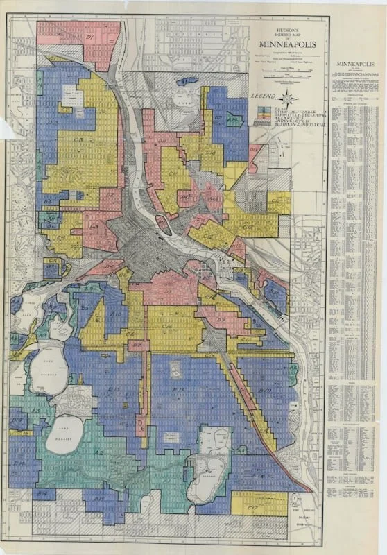 Map of redlining in Minneapolis, c. 1935, accessed Aug. 4, 2026 at “Race and Housing Series: Redlining and Resistance– An Interview with Dr. Brittany Lewis.” 