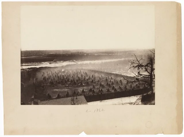 Benjamin Franklin Upton, Captured Sioux Indians in fenced enclosure on Minnesota River below Fort Snelling, c. 1862, photonegative, Minnesota Historical Society, E91.4S p53.