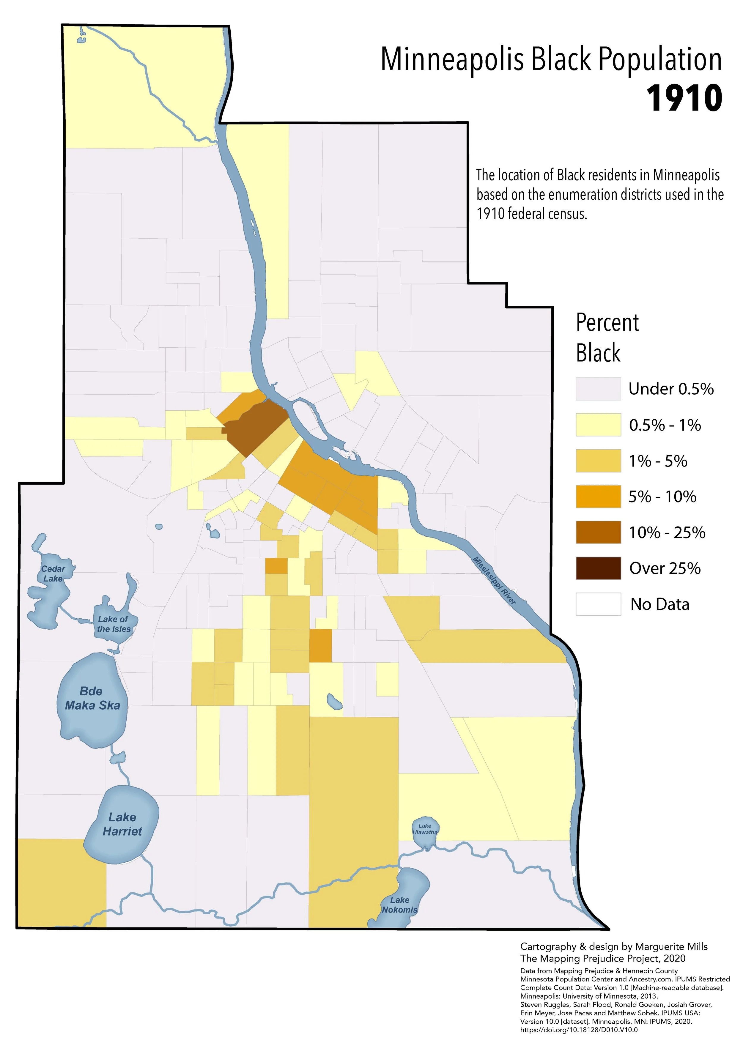 Marguerite Mills, “Minneapolis Black Population 1910,” Mapping Prejudice Project, Mapping Prejudice, accessed Aug. 11, 2026.