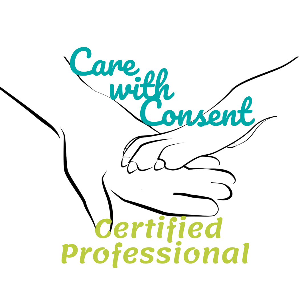Logo of a paw in a hand with the text Care with consent certified professional