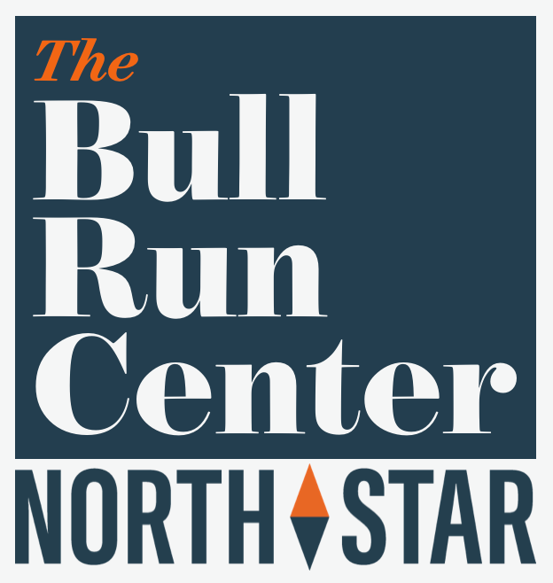 Logo for The Bull Run Center North Star with text in orange, white, and navy blue.