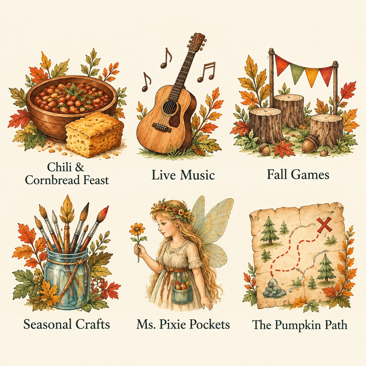 Activities: chili & cornbread feast, live music, fall games, seasonal crafts, Ms. Pixie Pockets, and the Pumpkin Path.