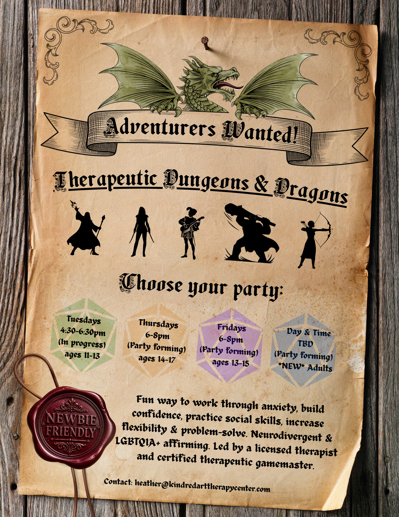 A paper poster with a dragon illustration at the top and a decorative banner with the text 'Adventurers Wanted!'. Beneath, it lists different therapy sessions for various age groups, each in a colored geometric shape. The poster has a rustic background with wood and leather elements, including a wax seal with the words 'Newbie Friendly' and contact information for Heather at a therapy center.