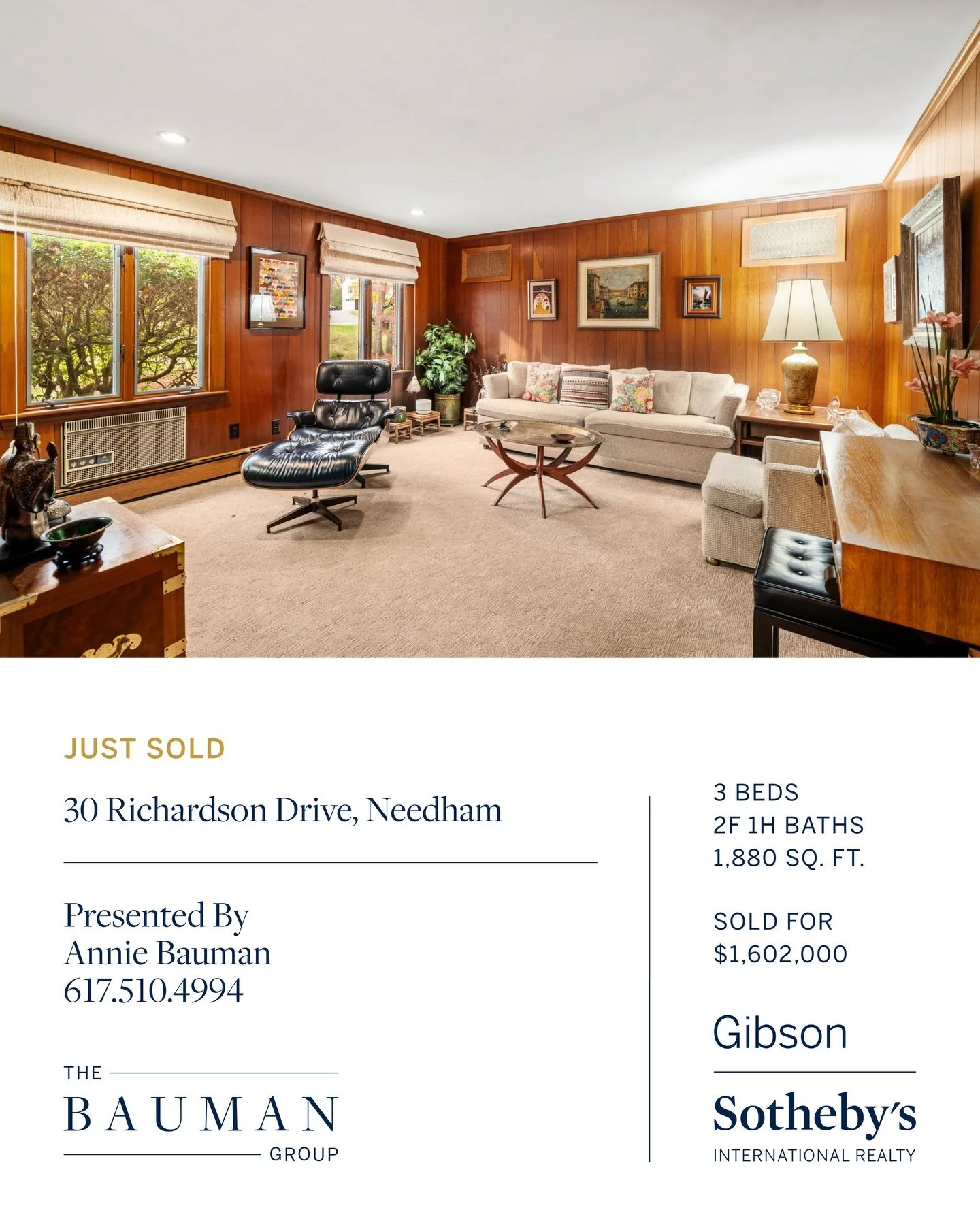 Delighted to bring 30 Richardson Drive NEEDHAM to the market for the first time ever. 

Built in 1962, this one-owner custom 3 bedroom ranch was a rare offering. 

Offered for $1,545,000, this modest home boasted just over 1,800 square feet but sat o