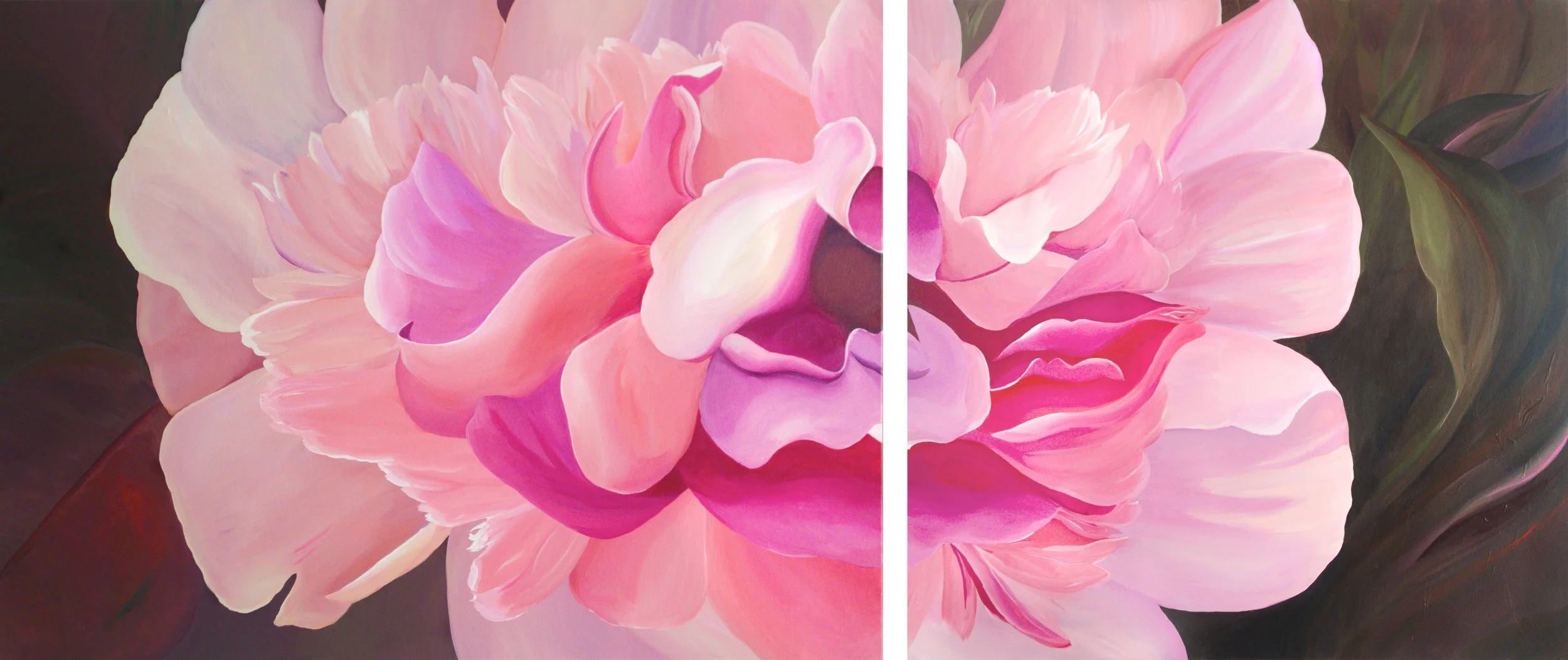 Peony Diptych #2   Acrylic on canvas  36x48 + 36x36 in. $2000