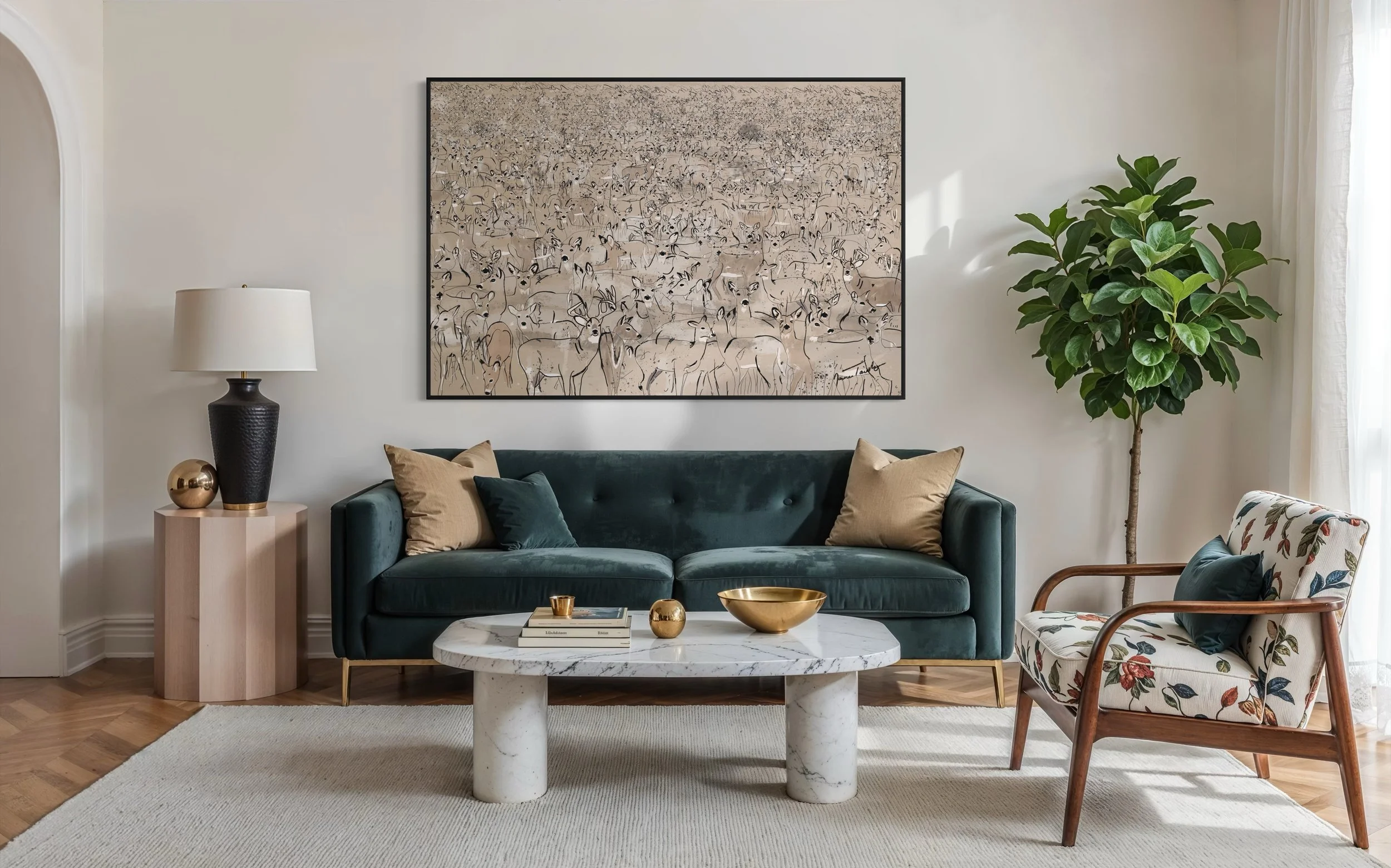 Living room with a dark green velvet sofa, beige and dark green pillows, a marble coffee table with gold decor, a floral armchair, a large potted plant, and wall art of a herd of deer.