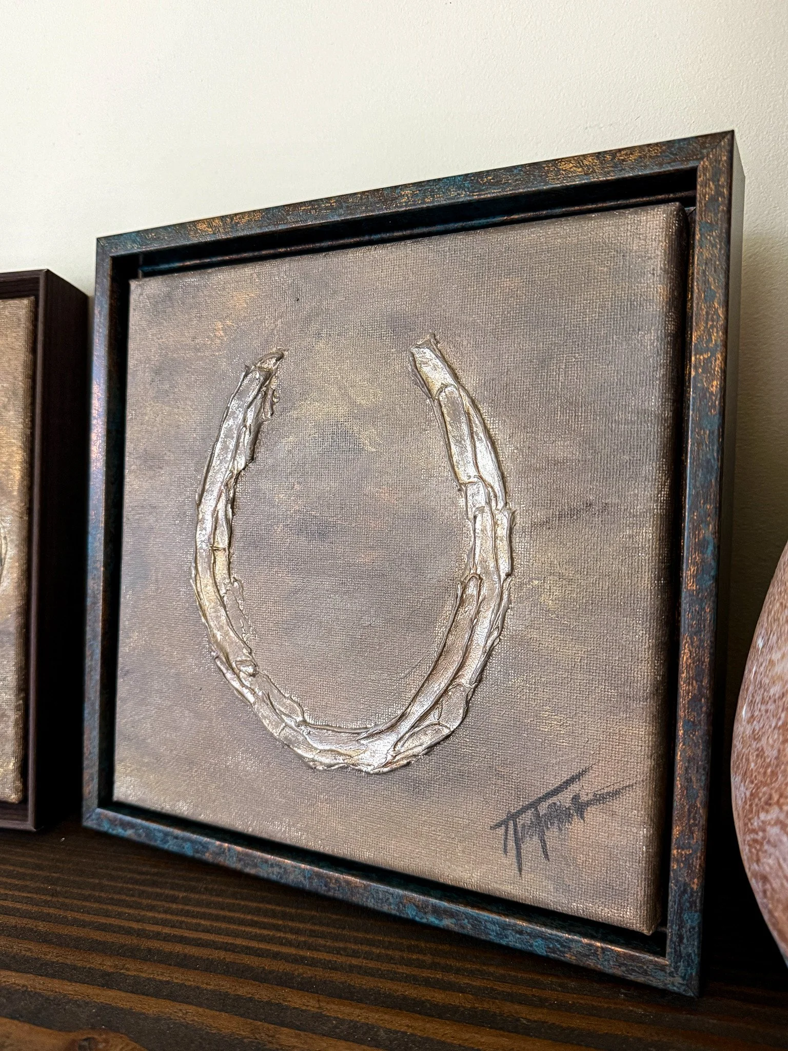 Keepsake original textured horse shoe original painting by jasmine elizabeth study for moody rustic luxury equine inspired modern natural organic home.jpg