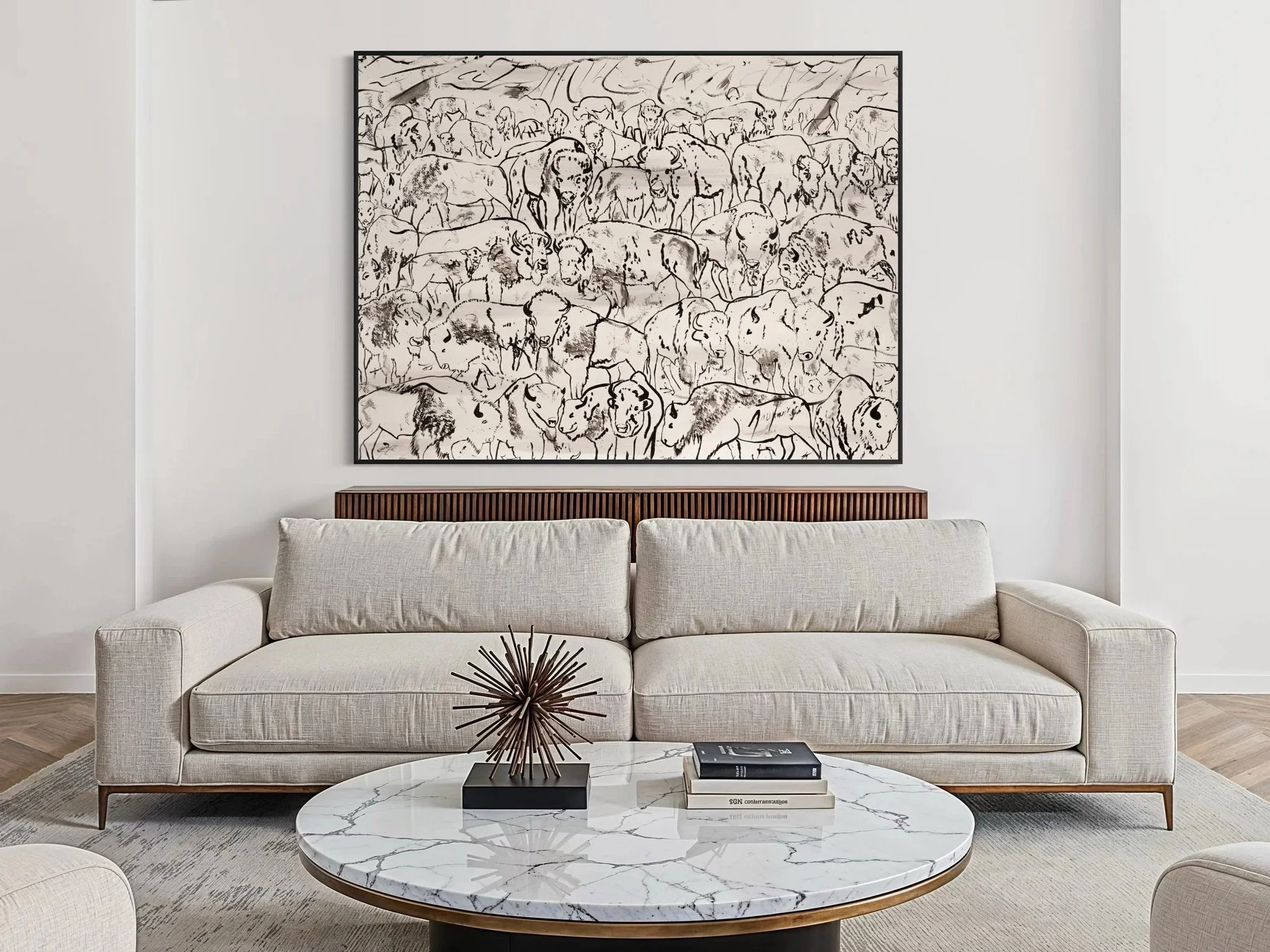 Living room with a beige sofa, a round marble coffee table with books and a decorative sculpture, a large black and white elephant artwork on the wall, and neutral-toned decor.