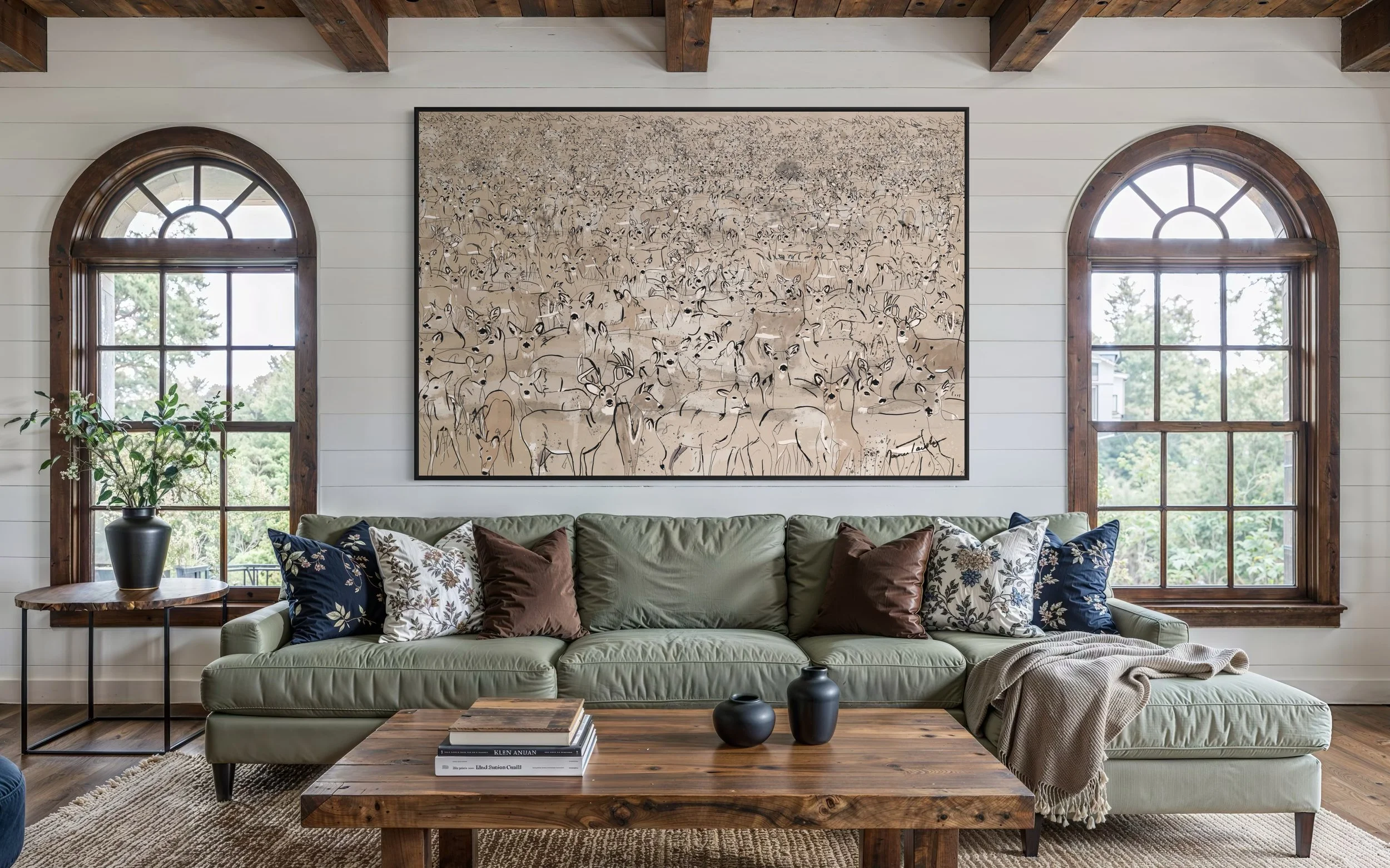 Living room with a large green sofa, decorative pillows, a wooden coffee table with books and black vases, two arched windows with wooden frames, and a large wall art piece featuring a herd of deer in beige tones.