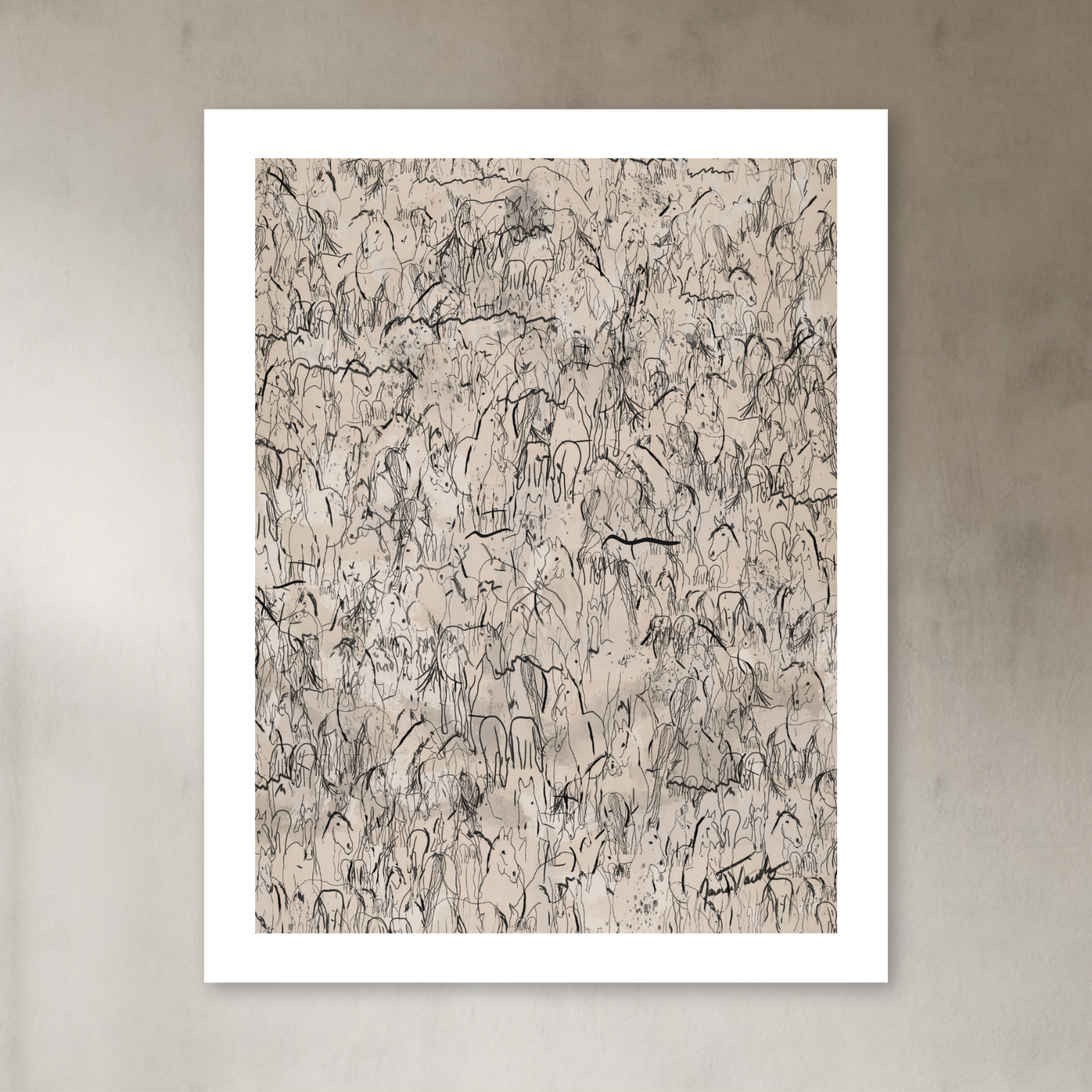 Neutral horse artwork styled in upscale western home decor with warm organic textures.
