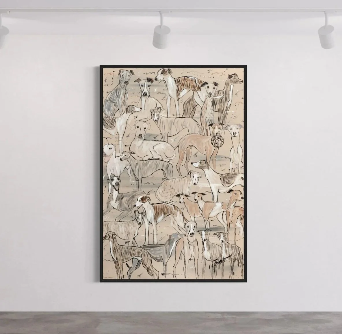 Artistic painting of multiple greyhounds on a white wall in a gallery.