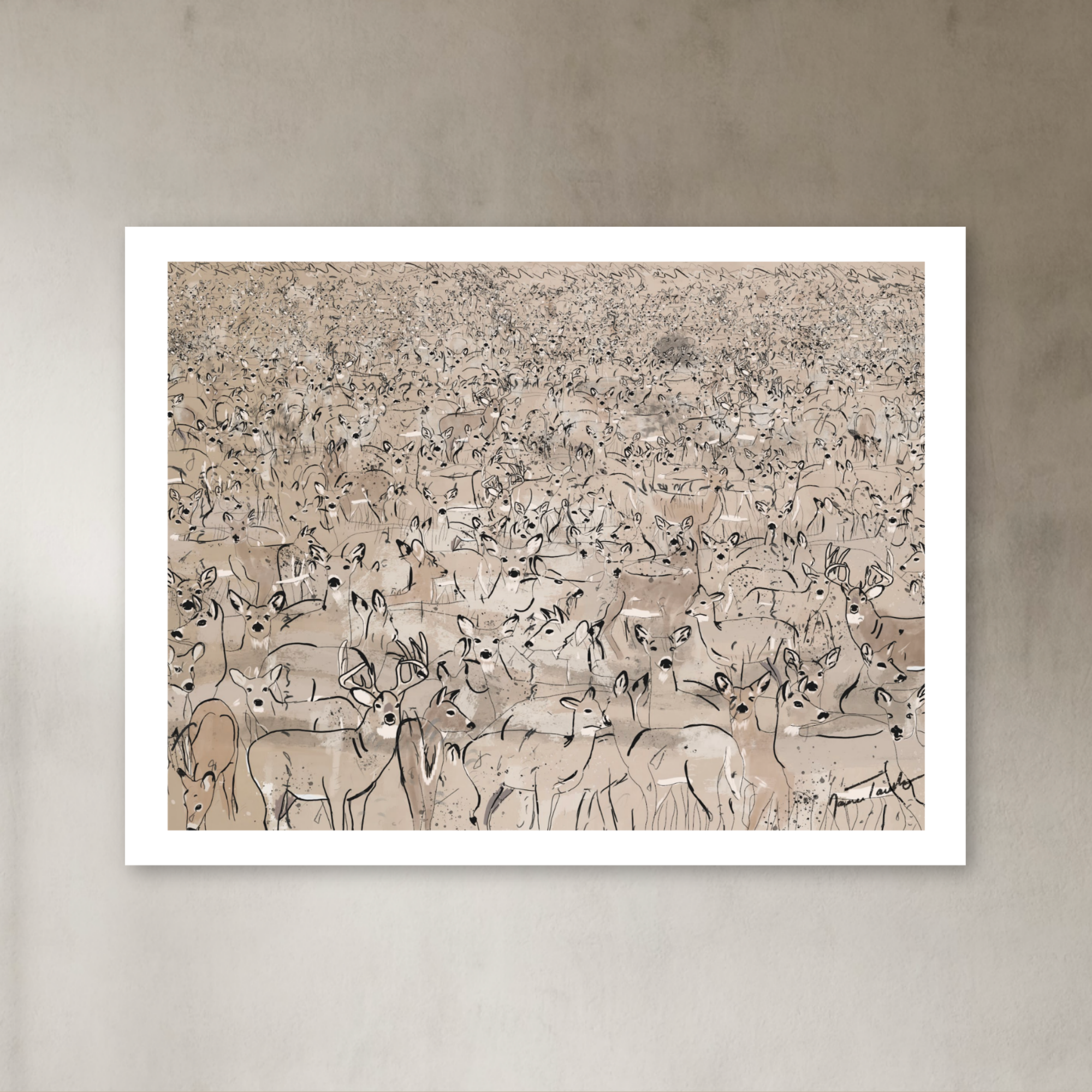 gathering Textured neutral whitetail deer painting with layered brushwork and sketch style deer illustrations