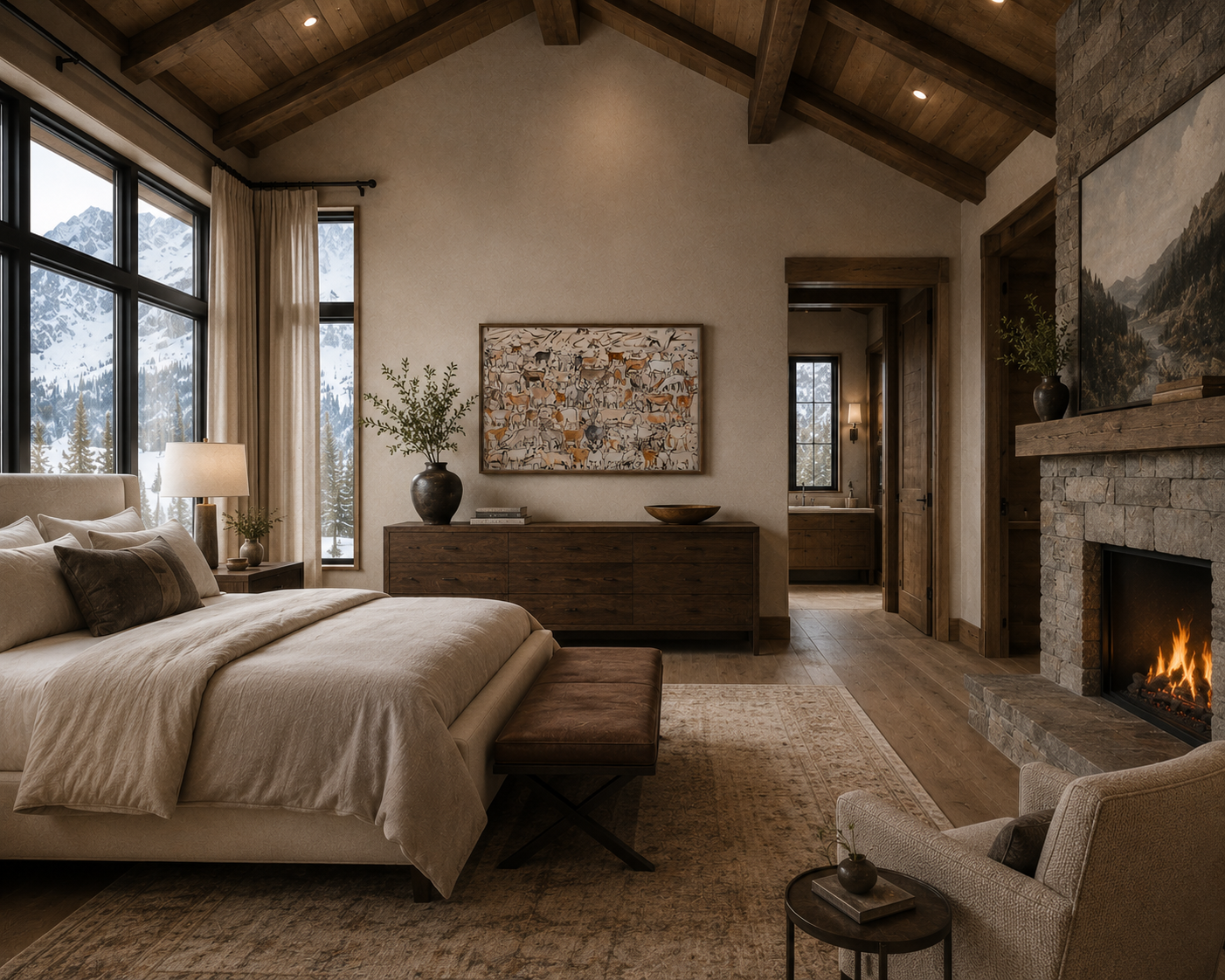 playful Neutral animal herd artwork in a walnut frame styled above a wood dresser in a luxury mountain home bedroom with vaulted ceilings, stone fireplace, and snowy alpine views.png
