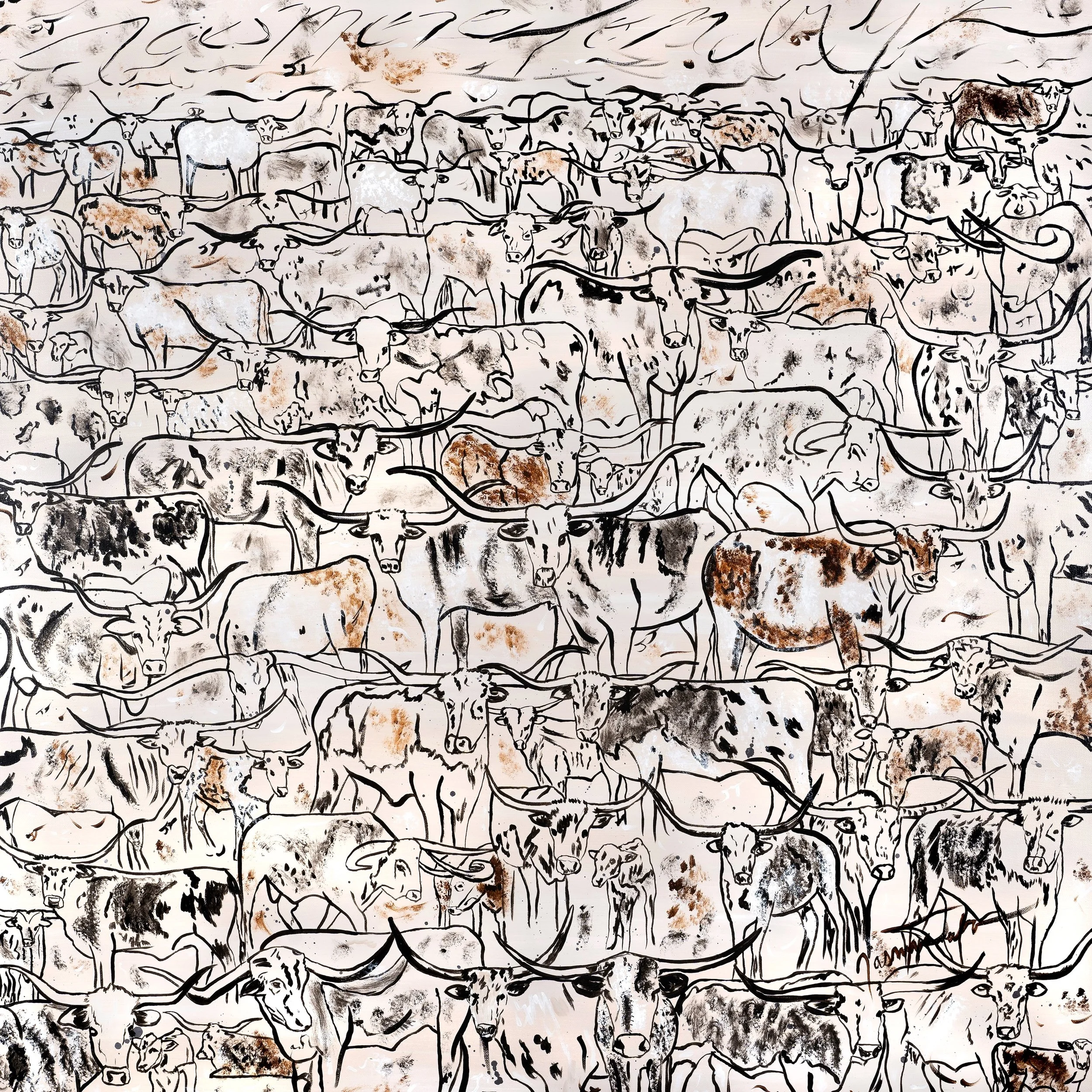 Illustration of a large herd of longhorn cattle sketched with black lines, some with light brown or gray shading and spots, set against a light background.