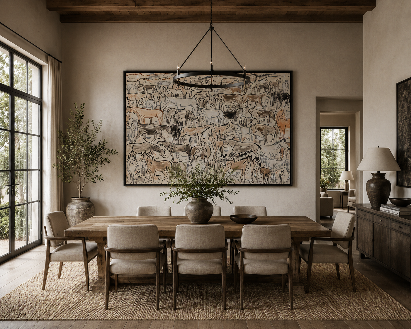 York Extra large equine wall art above sofa in modern ranch style home mountain ranch.png