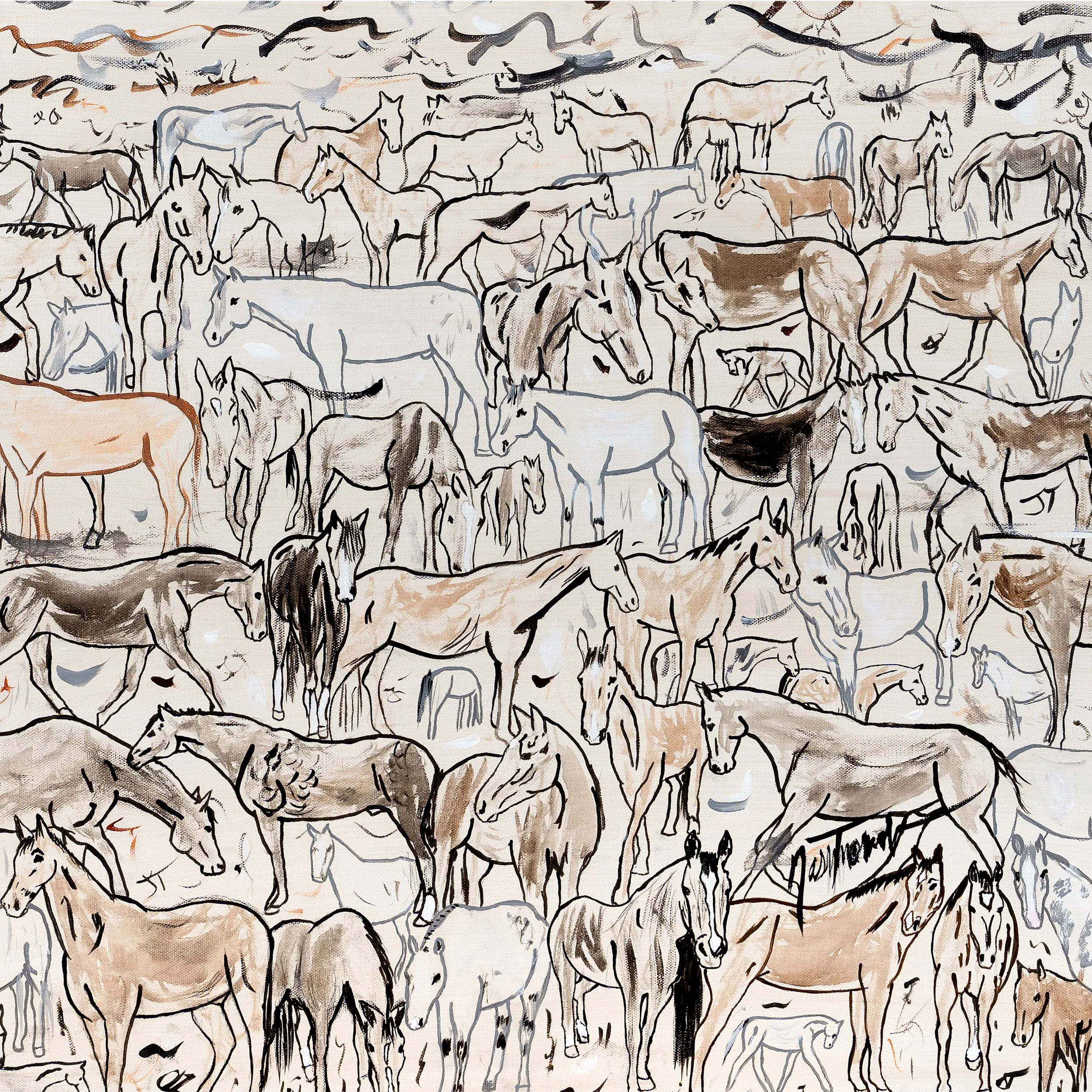 A pattern of various sketches of horses in different poses and colors, drawn in a loose, artistic style.