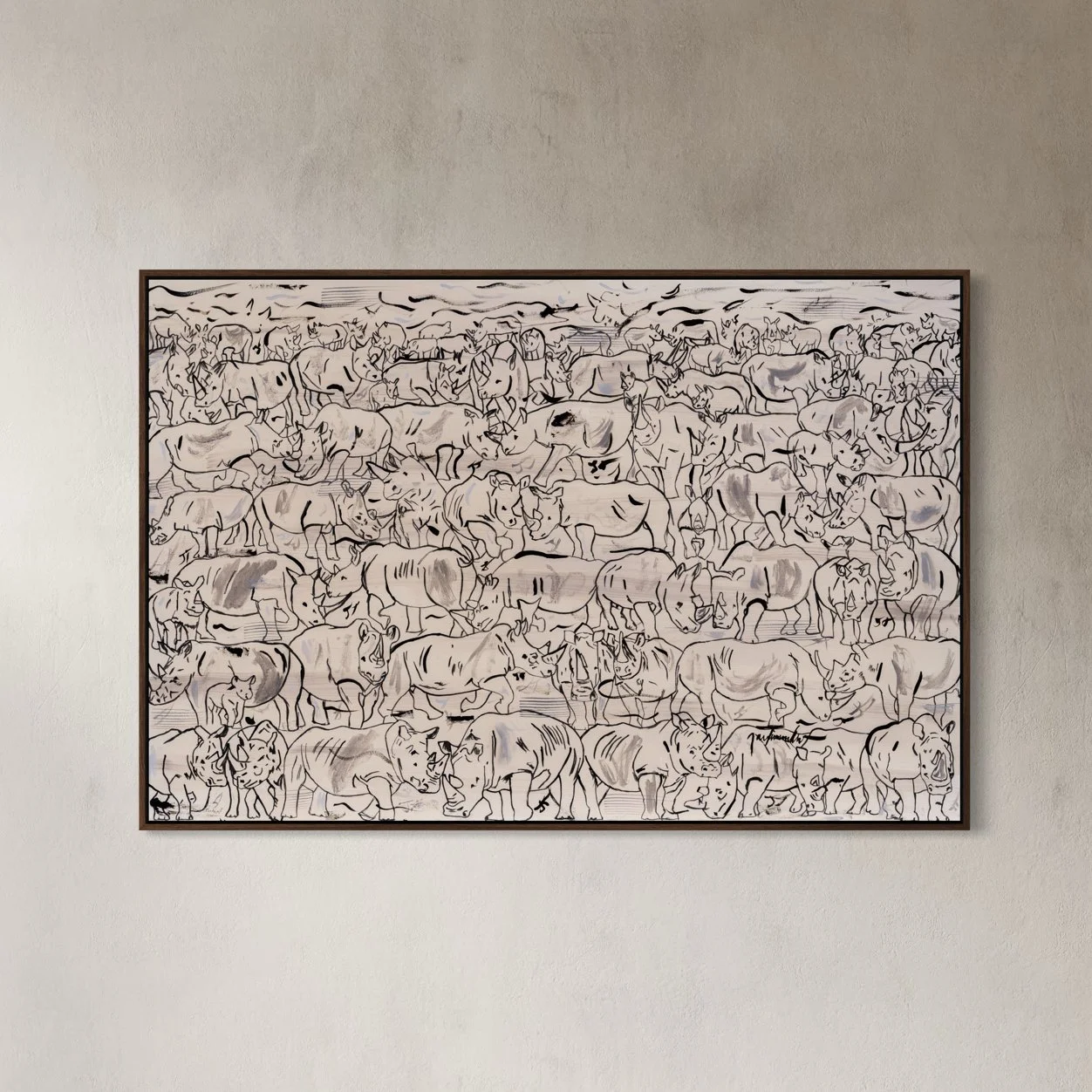 rambling safari rhino original painting Oversized abstract elk herd artwork displayed in a luxury mountain ranch dining room with exposed wood beams and panoramic lake views  .jpeg