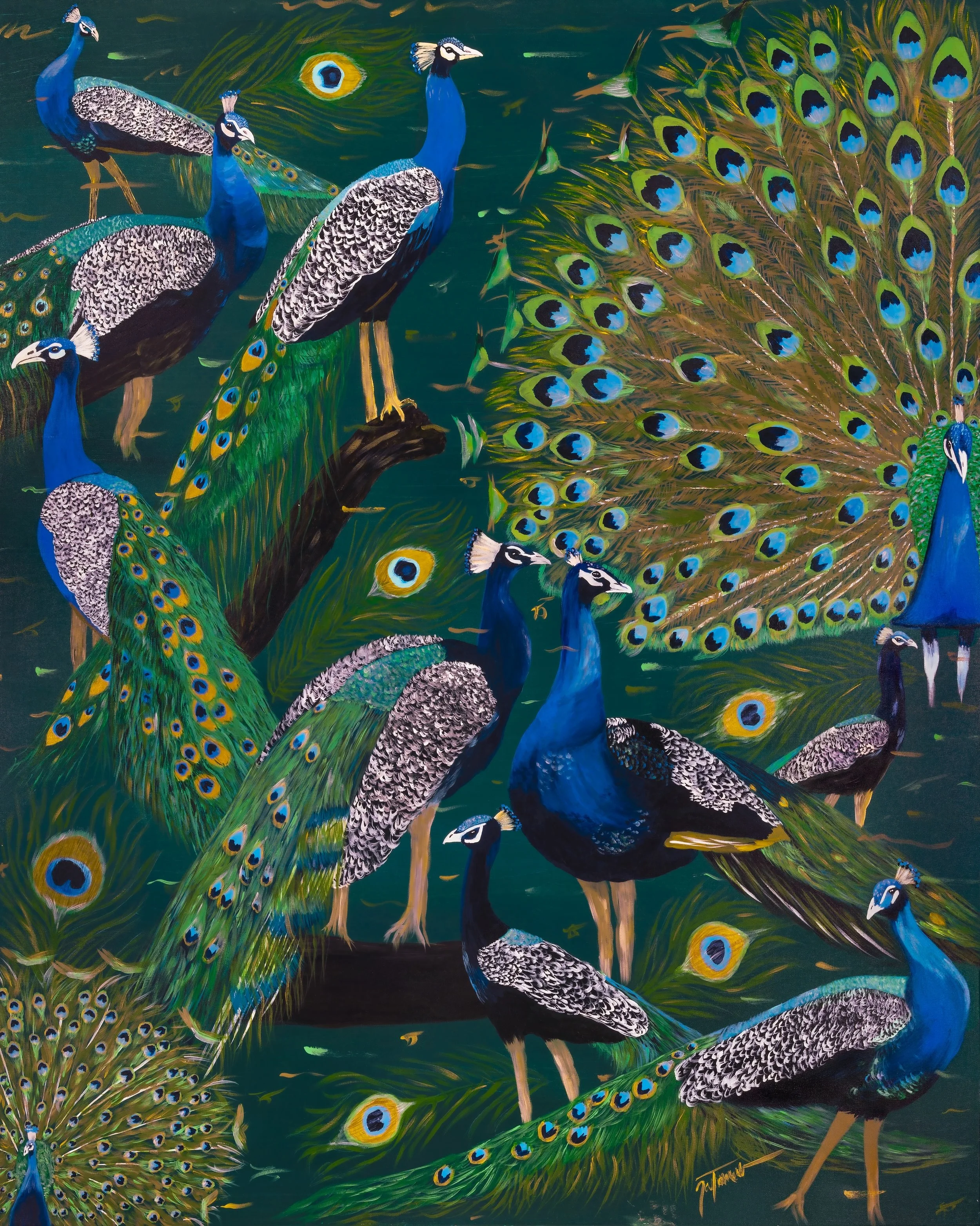 Painting of multiple peacocks with vibrant blue and green feathers, some with fully fanned tails displaying eye pattern, set against a green background.