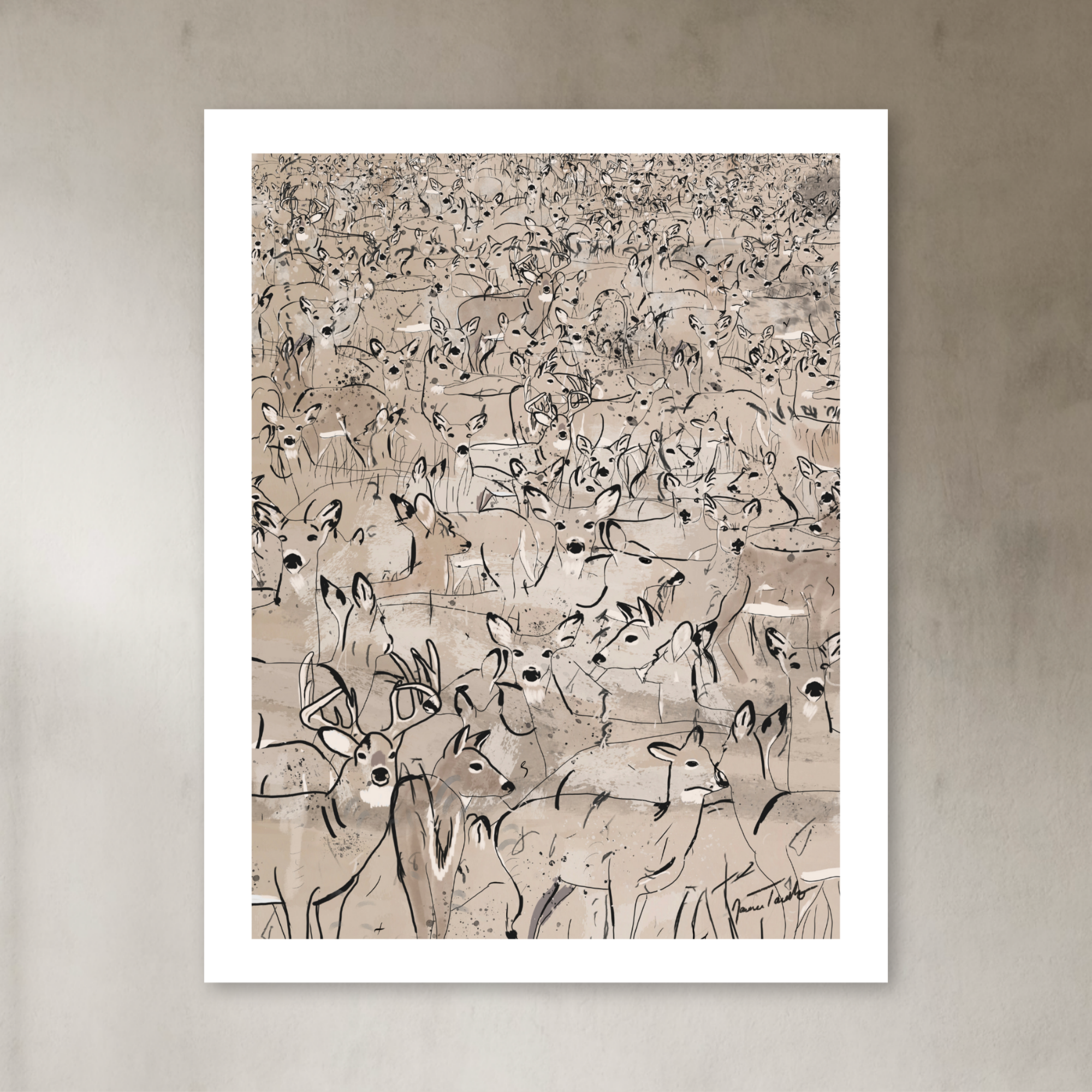 gathering Textured neutral whitetail deer painting with layered brushwork and sketch style deer illustrations