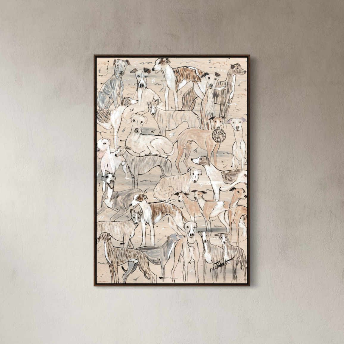 slender herd of whippet dogs original painting framed fine art print displayed in a modern luxury western living room