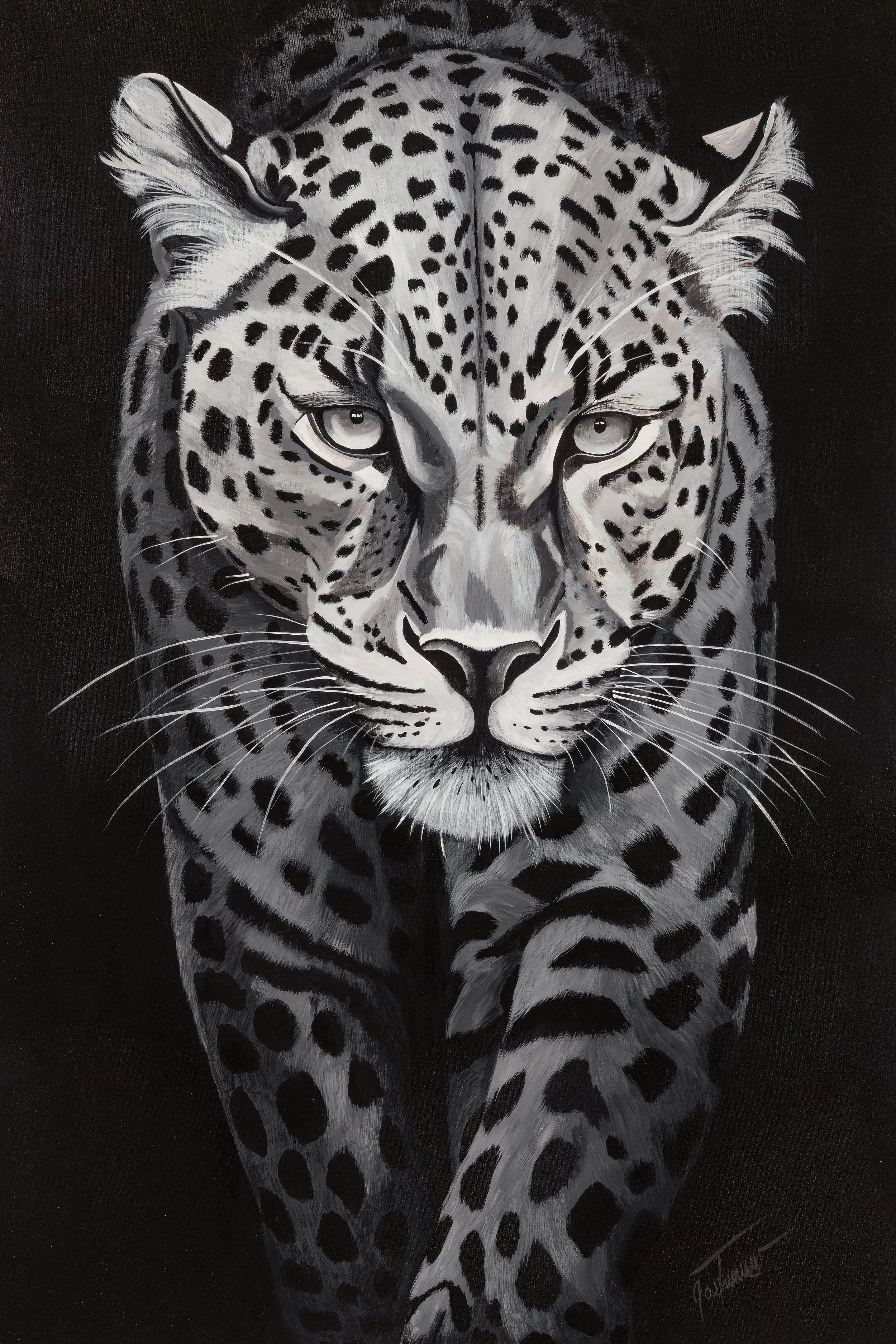 Black and white painting of a leopard facing forward with intense eyes, detailed fur, and spotted markings.