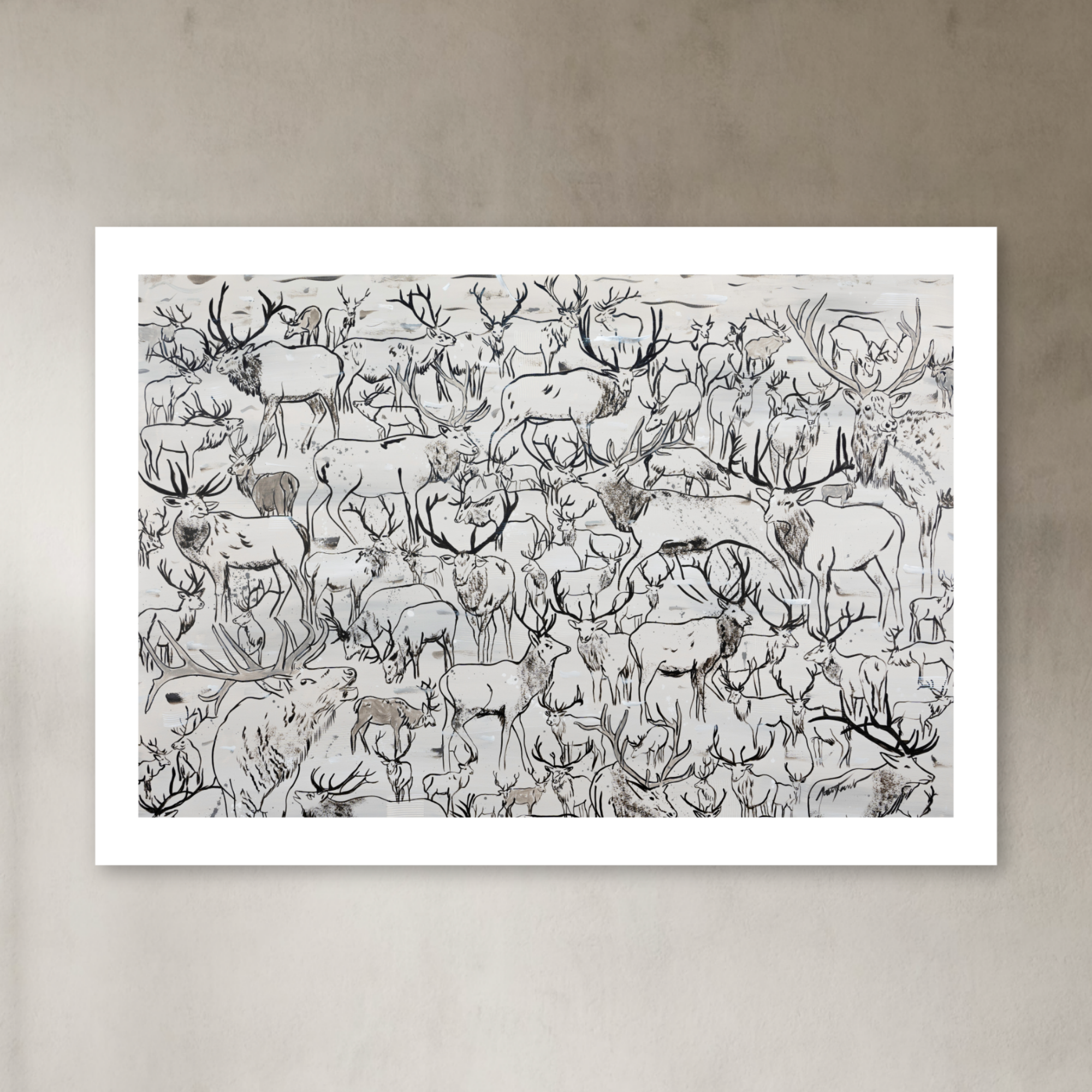 elk painting featured in a modern rustic dining space with warm wood textures and lodge-inspired interiors