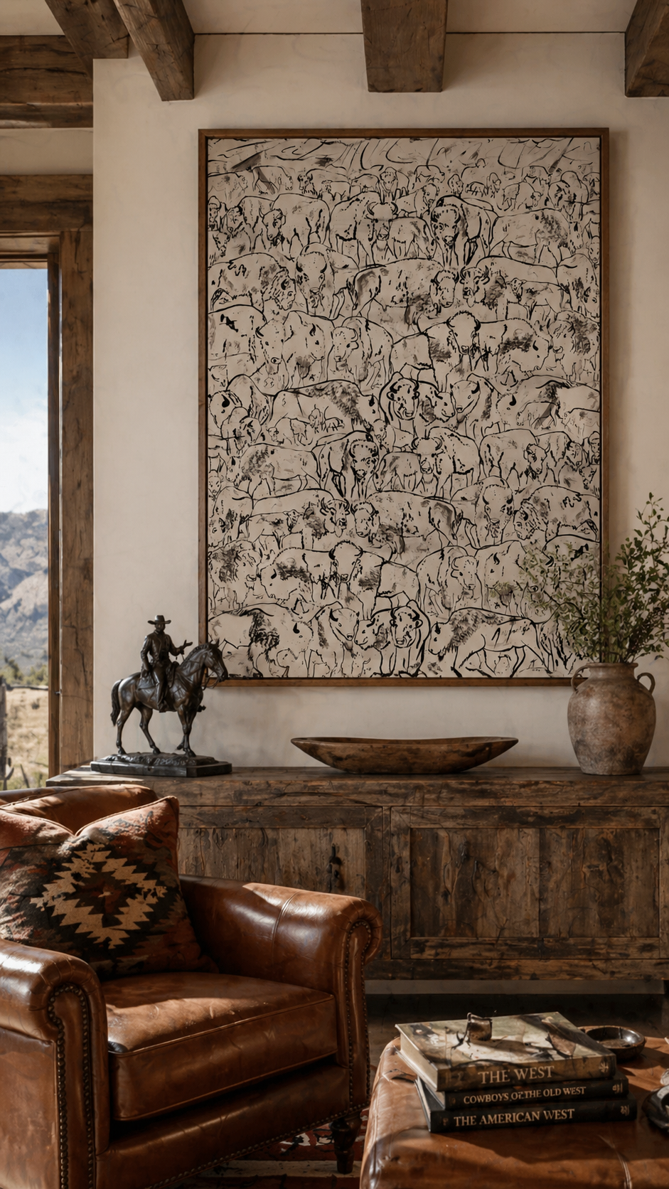 Stampede Oversized bison buffalo herd canvas art in large living room in modern ranch interior.