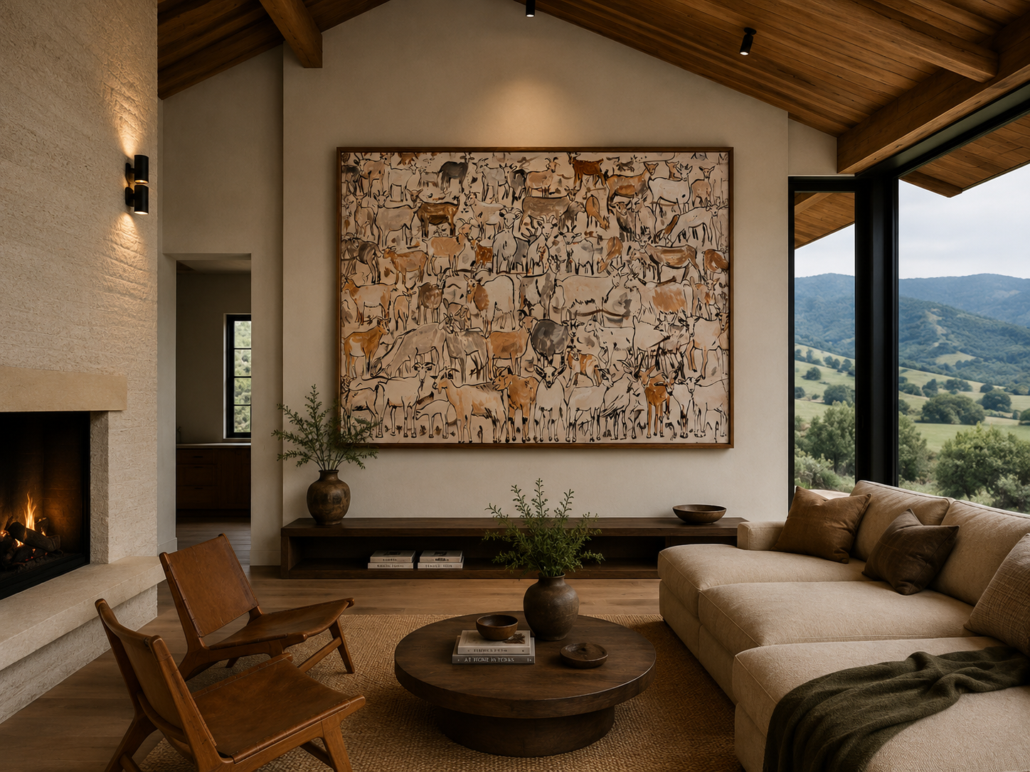 Playful Herd 60" x 48" Walnut Framed Canvas