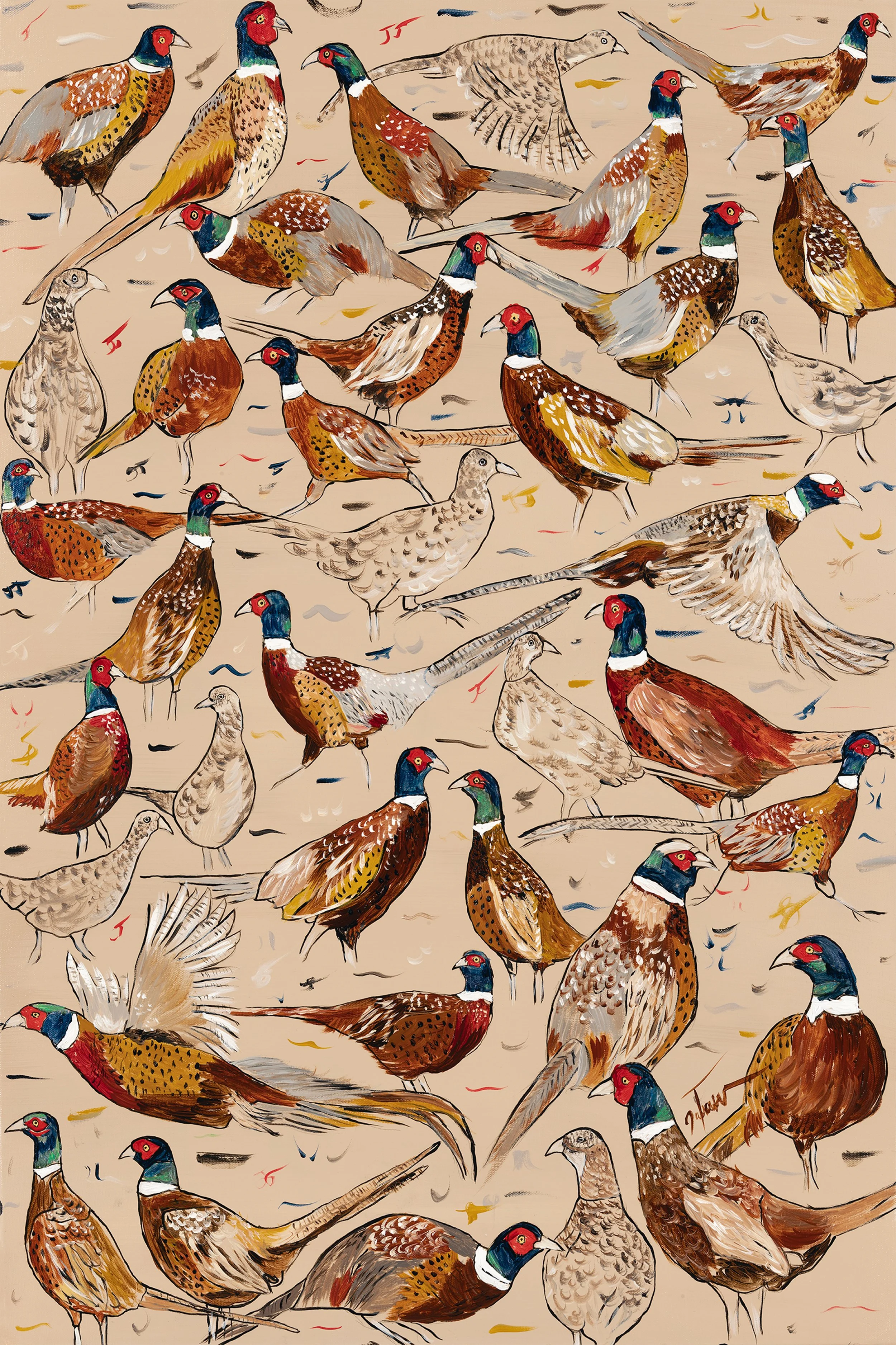 Pattern of various illustrated pheasants with colorful plumage, some in flight and others standing, on a beige background with small, abstract markings.
