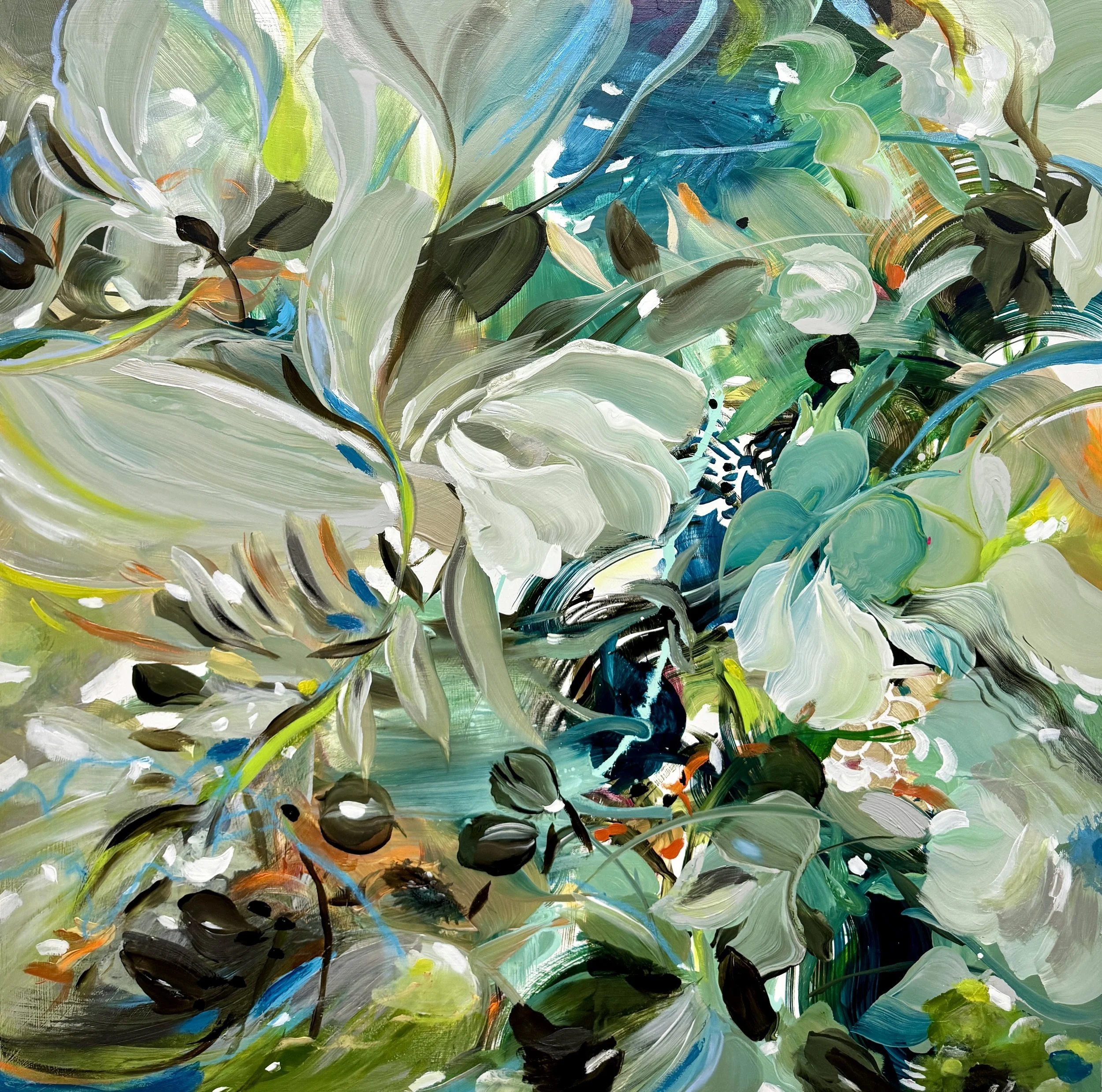 "Attalea" 48”H x 48”W Painting on Baltic Birch Wood Panel ©2024 Jennifer J. L. Jones Available at New River Fine Art, Fort Lauderdale, Florida, U.S