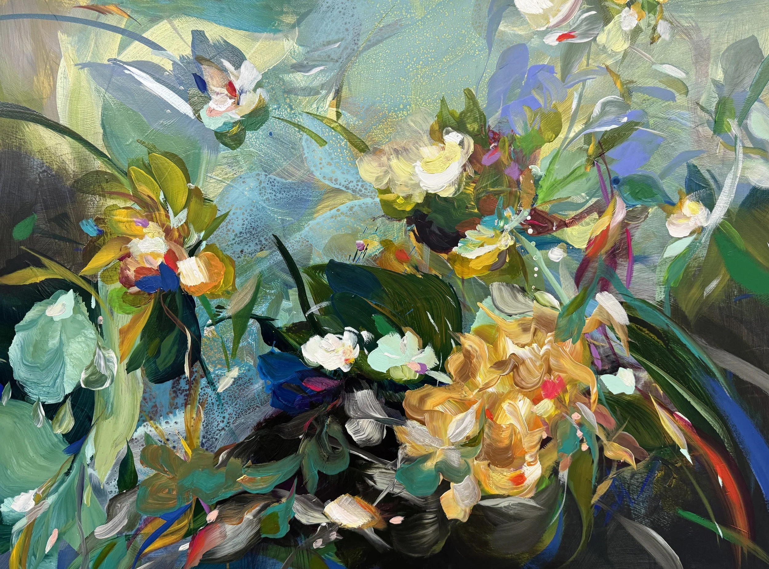 "Tanoti I" 30”H x 40”W Painting on baltic birch wood panel ©2024 Jennifer J L Jones Available at New River Fine Art, Ft. Lauderdale, Florida, U.S