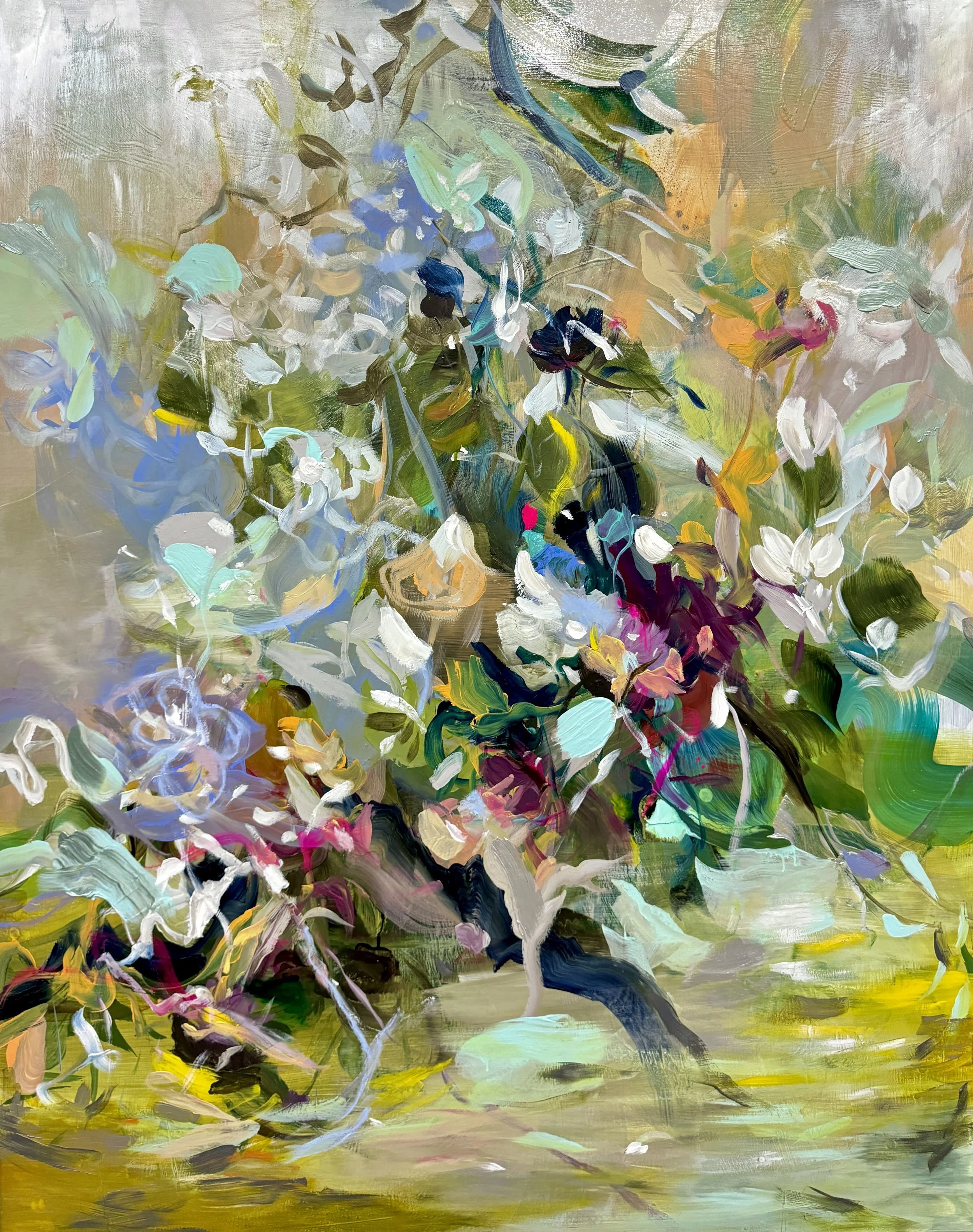"Orenda II" 60”H x 48”W Painting on baltic birch wood panel ©2024 Jennifer J L Jones Available at New River Fine Art, Ft. Lauderdale, Florida, U.S