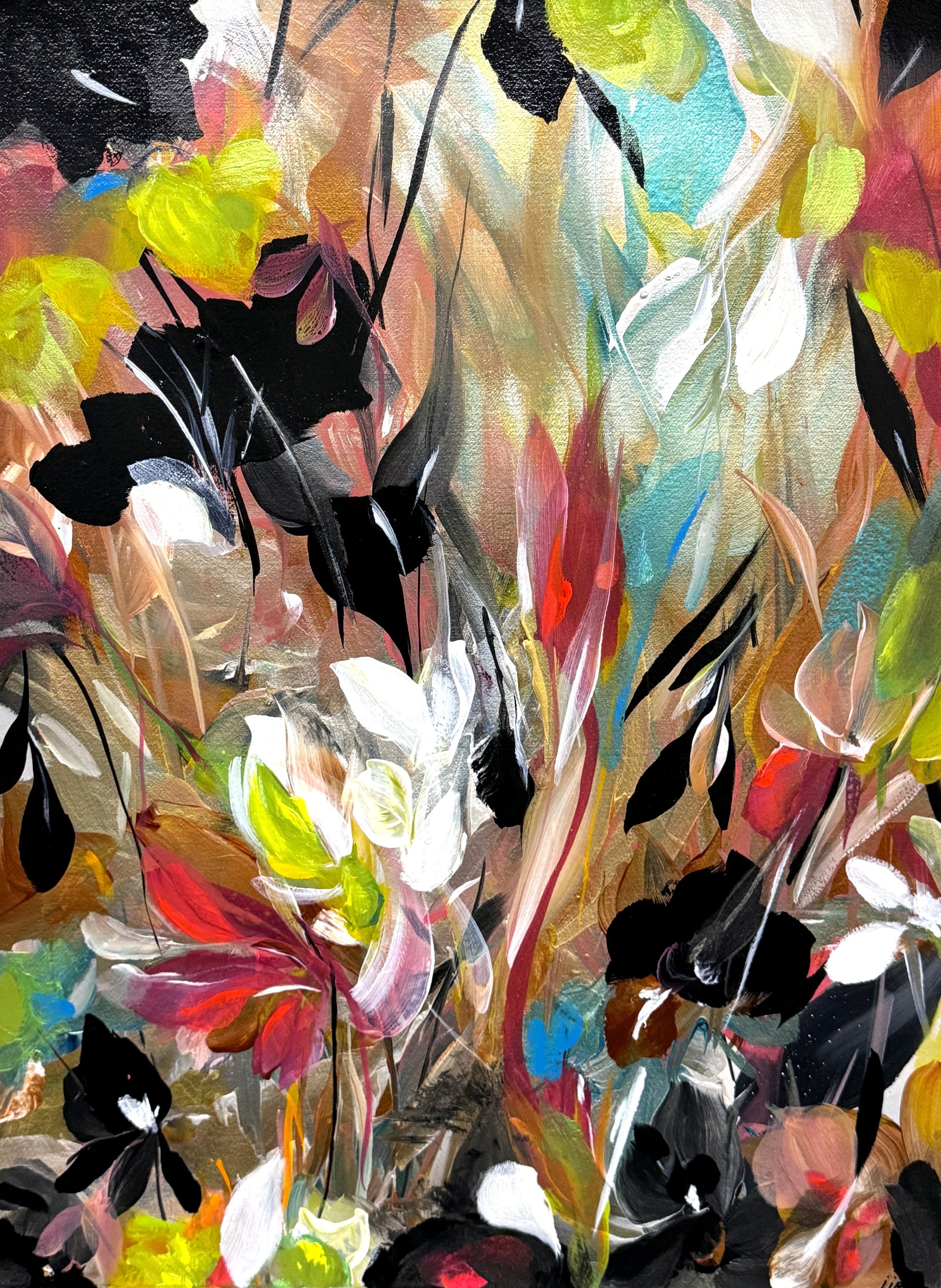 "Cardinals Overture I" 30”H x 22”W Painting on paper ©2024 Jennifer J L Jones Available at New River Fine Art, Ft. Lauderdale, Florida, U.S