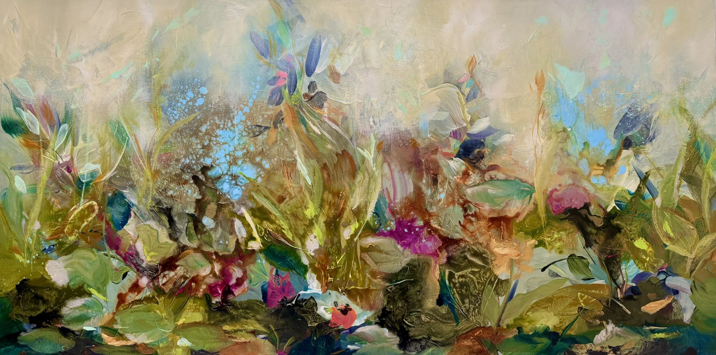 Riverside 
30h x 60w in.
Painting on baltic birch panel 
©️2025 Jennifer J. L. Jones 
Available at Hillary Whitaker Gallery, Ponte Vedra Beach, FL