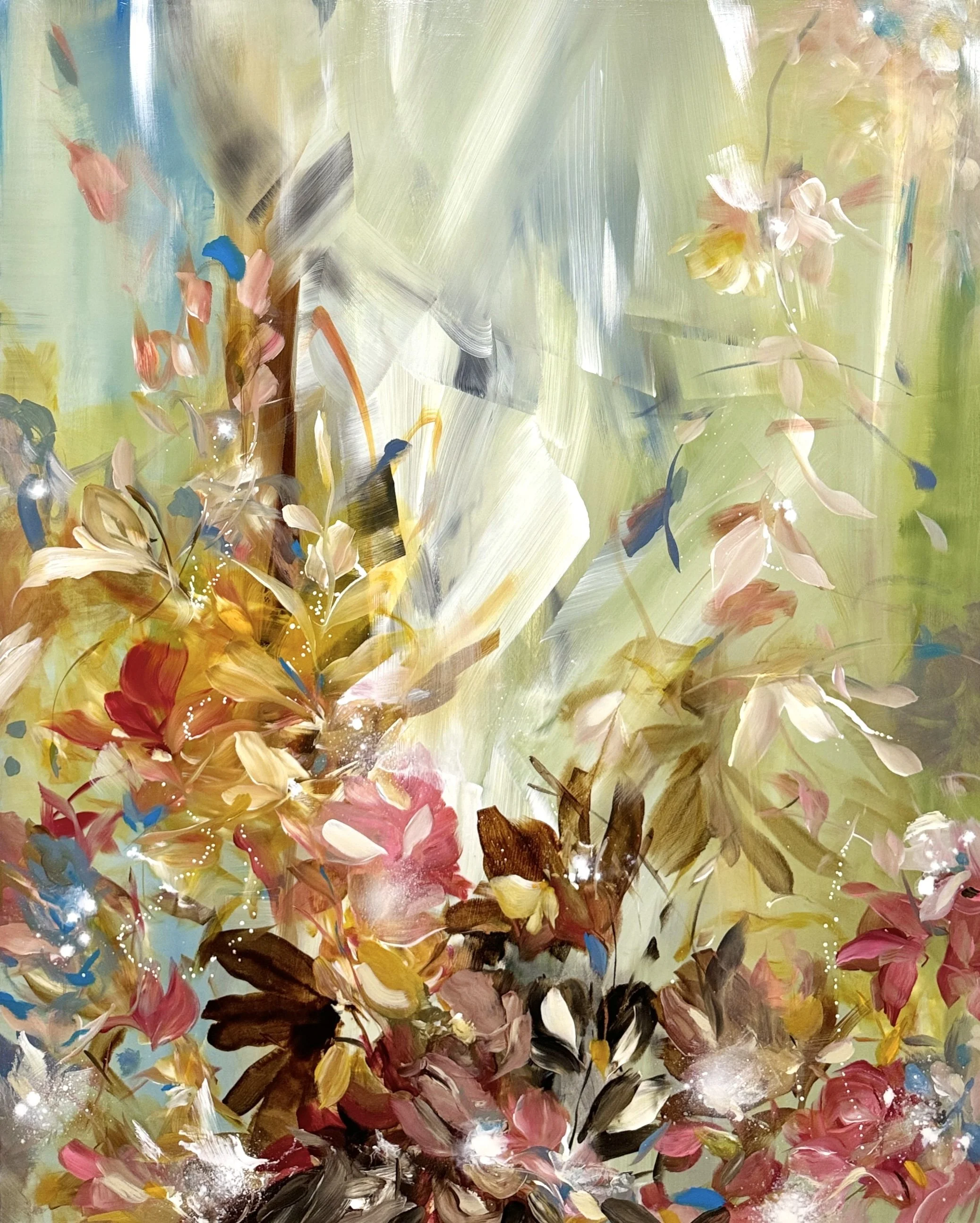 Season Sounds 			
60h x 48w in.
Painting on baltic birch wood 
©2024 Jennifer J. L. Jones	
SOLD