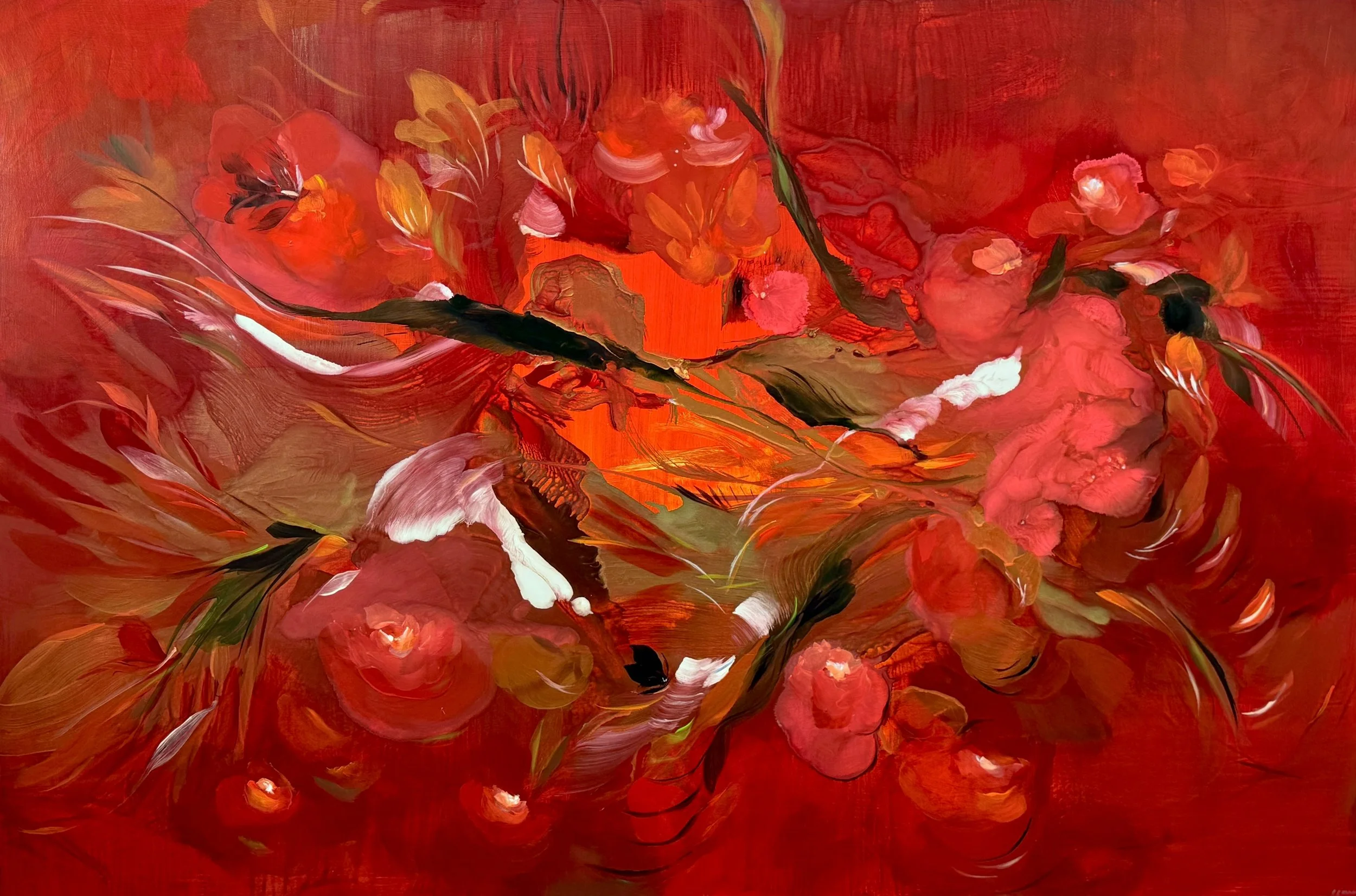 Firebird
40h x 60w in. 
Painting on baltic birch wood panel
©2026 Jennifer J. L. Jones
Available at New River Fine Art, Ft. Lauderdale FL, U.S.