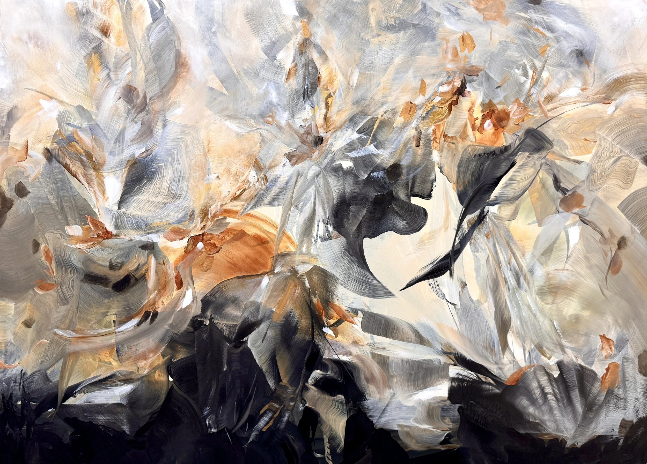 Fools and Kings
50h x 70w in. 
Painting on baltic birch wood panel
©2026 Jennifer J. L. Jones
Available at New River Fine Art, Ft. Lauderdale FL, U.S.